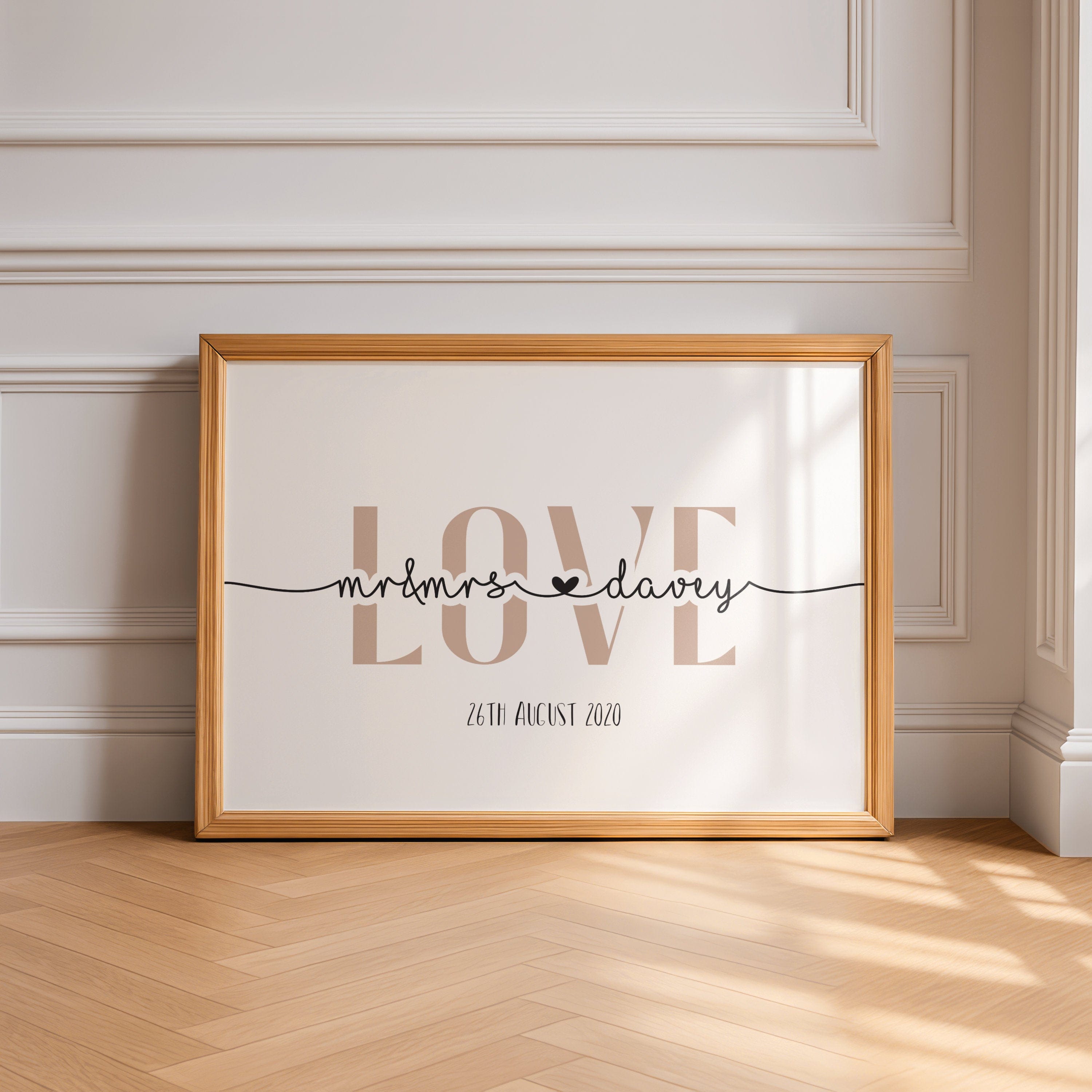 Framed print with 'LOVE' and personalised text on a wall.