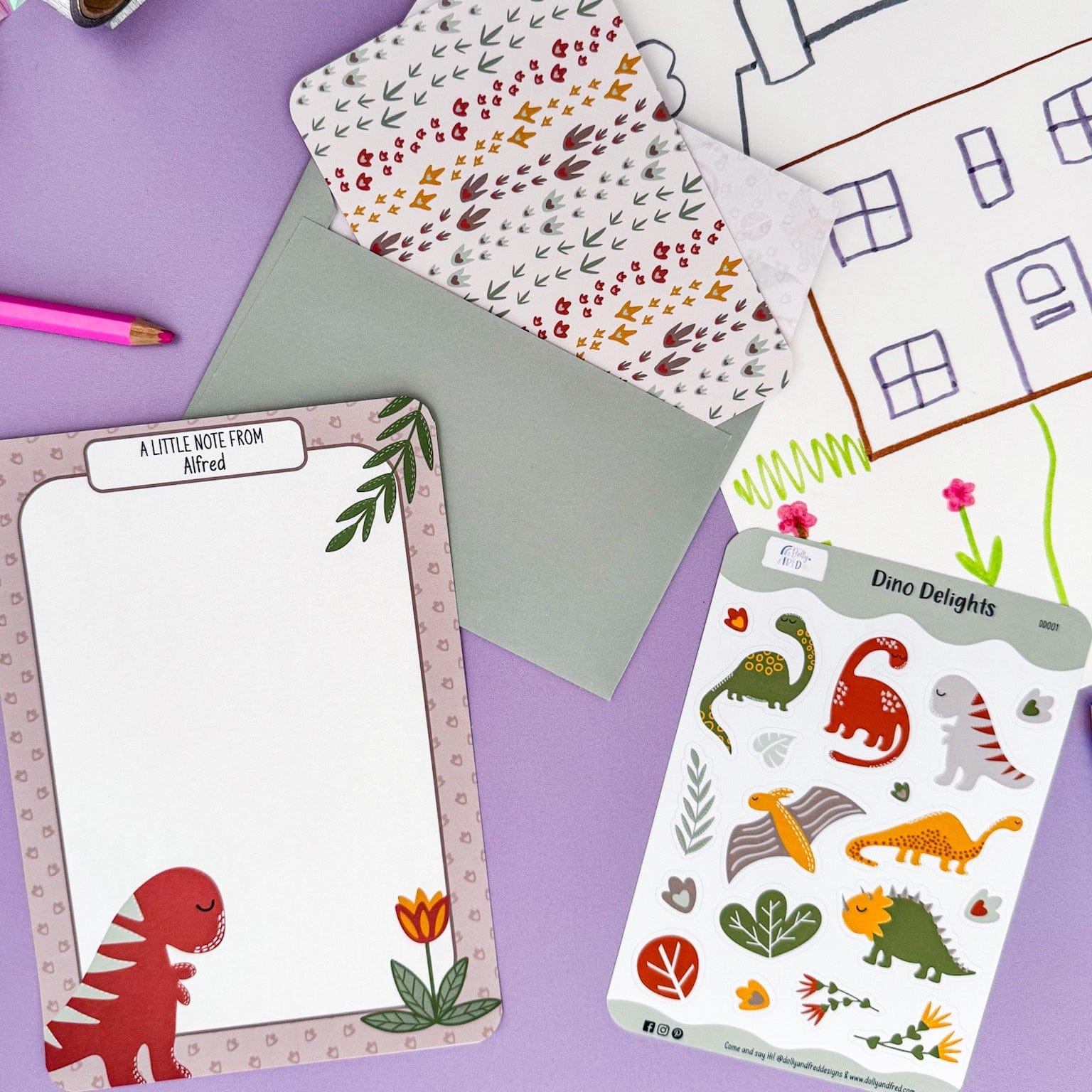 Personalised dinosaur letter paper with a fun green dinosaur design, perfect for kids who love writing letters and sending notes.