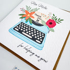 Close-up of floral typewriter teacher thank you card with personalised name and the words “for helping me grow” – printed on hammered white cardstock.