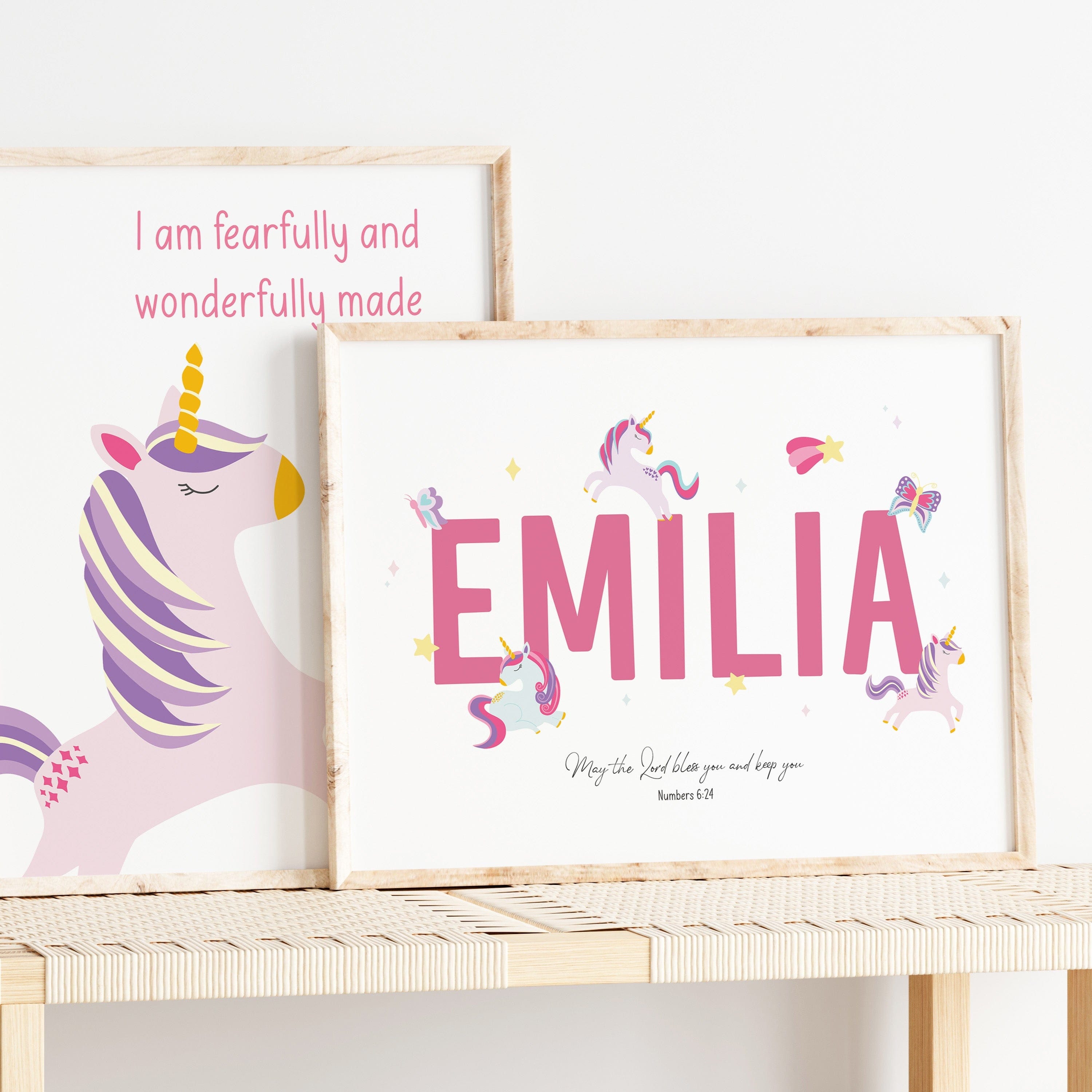 Personalised Christian unicorn print with large name and Bible verse – ideal gift for girls’ rooms or baptisms
