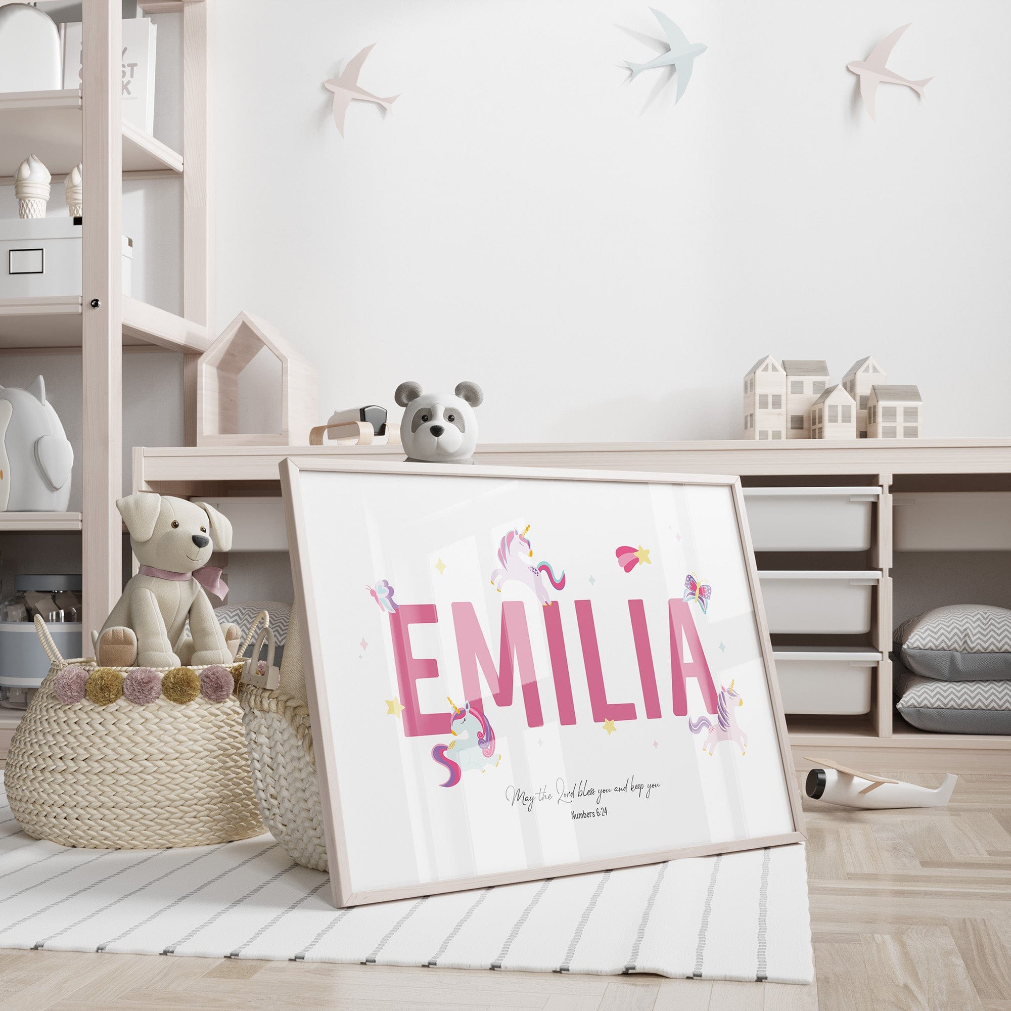 Personalised unicorn name print with Bible verse blessing displayed in a child’s nursery – colourful Christian wall art for girls