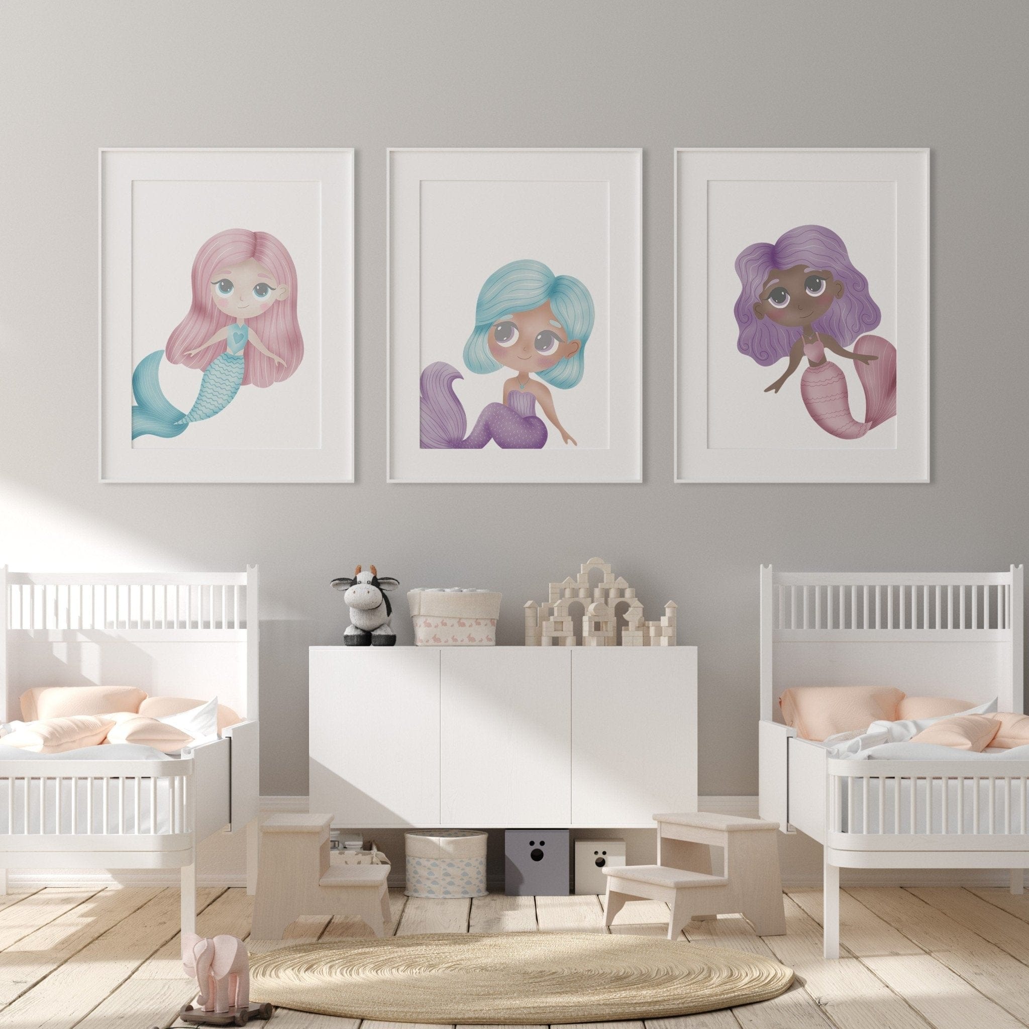Pink and purple mermaid nursery print set - Dolly and Fred Designs