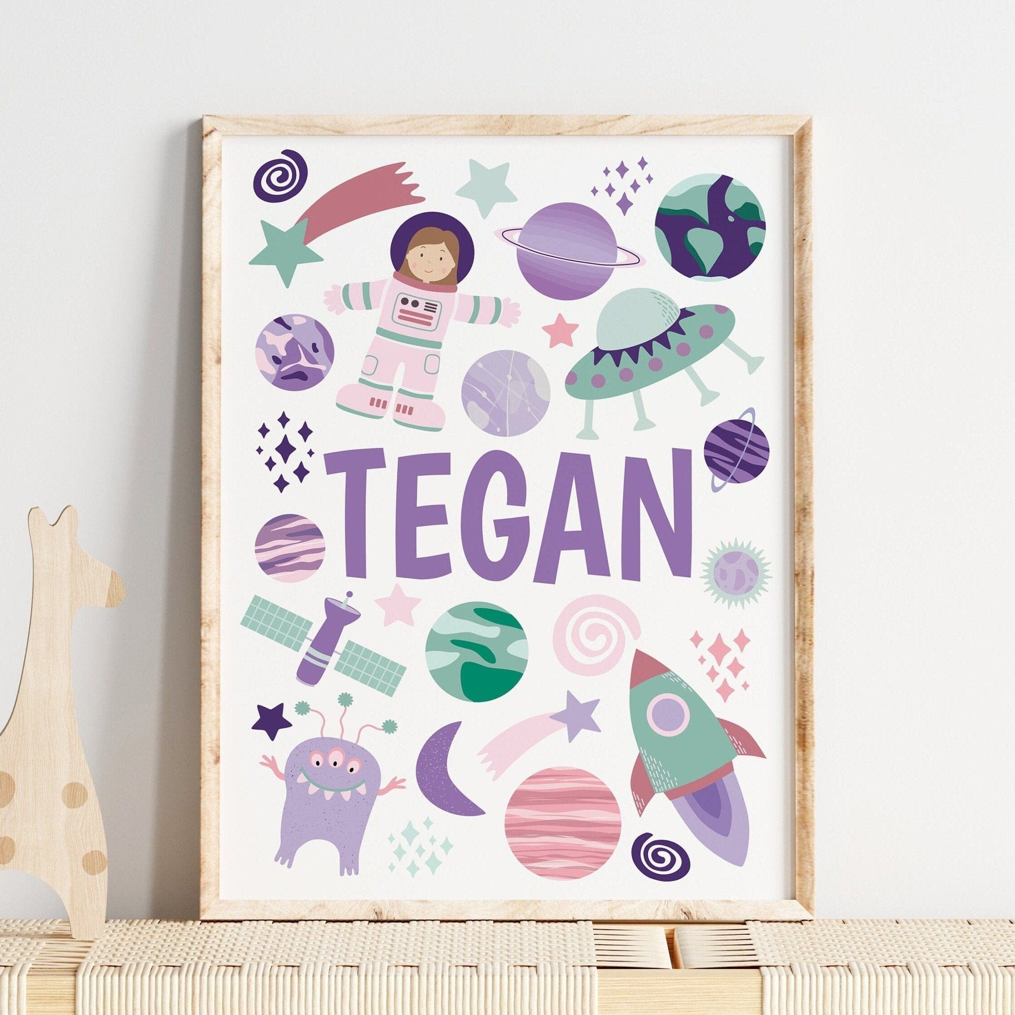 Pink Astronaut Name Nursery Print - Dolly and Fred Designs