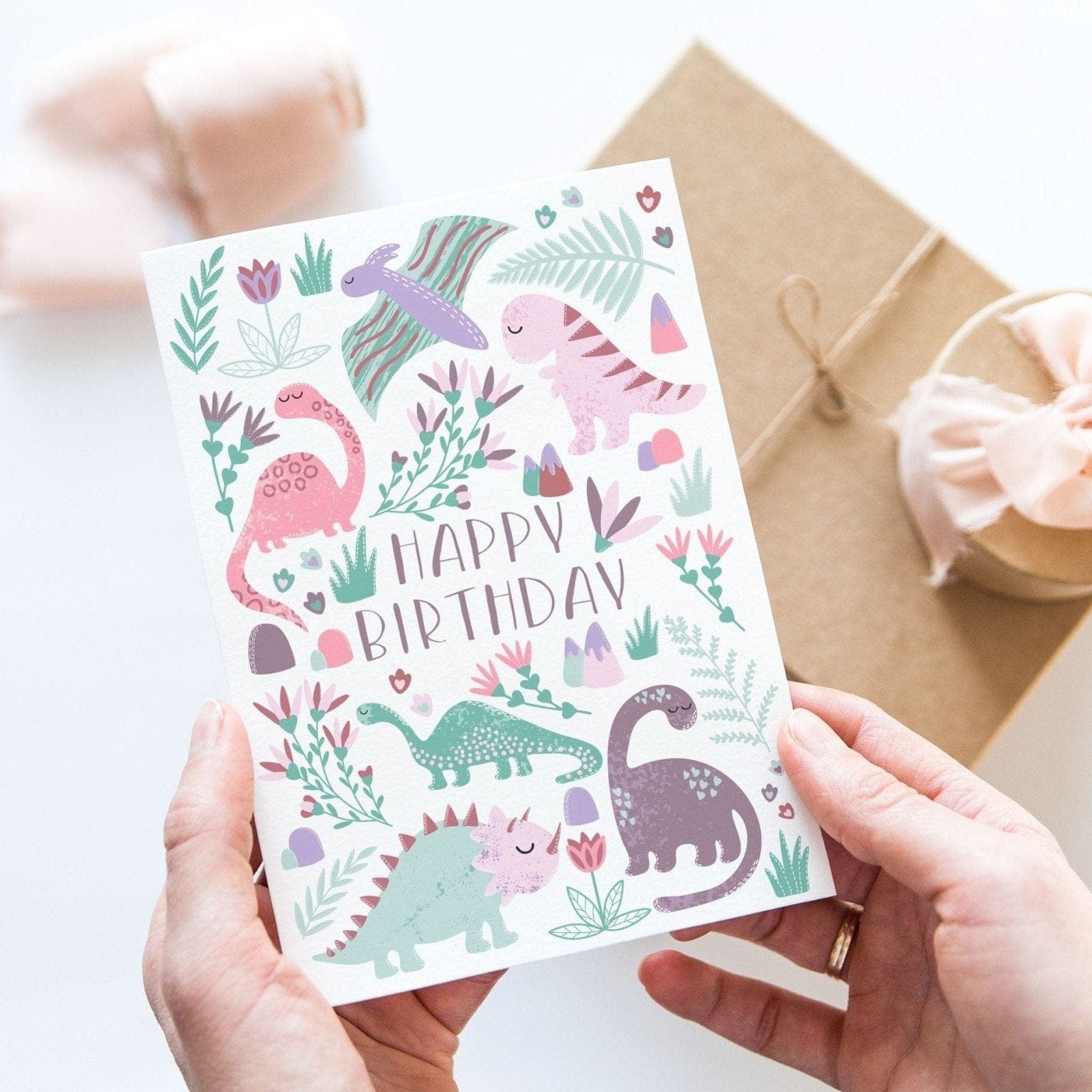 Pink Dinosaur Birthday Card - Dolly and Fred Designs