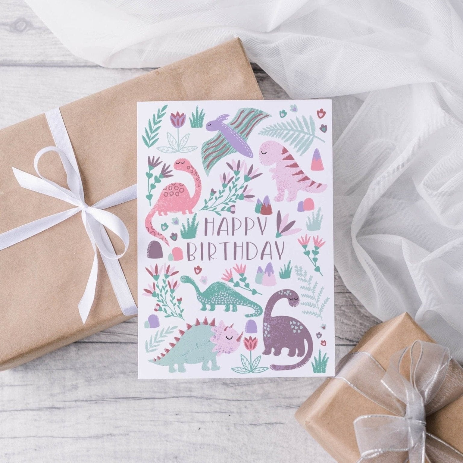 Pink Dinosaur Birthday Card - Dolly and Fred Designs