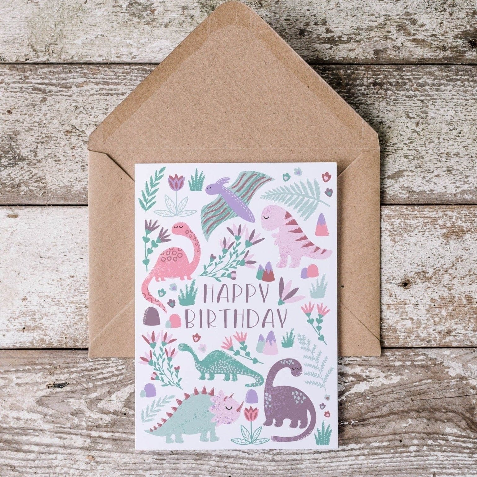 Pink Dinosaur Birthday Card - Dolly and Fred Designs