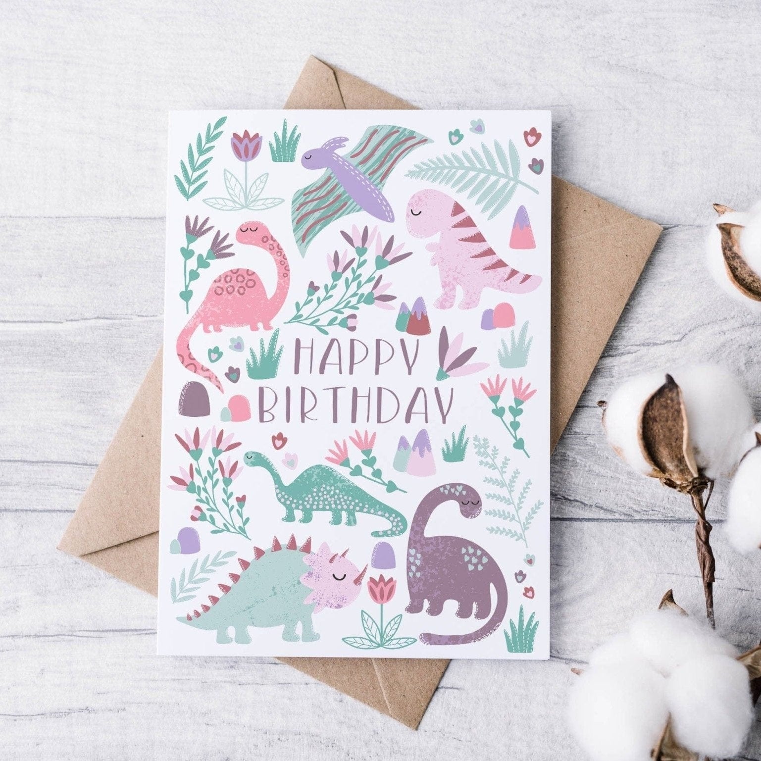 Pink Dinosaur Birthday Card - Dolly and Fred Designs