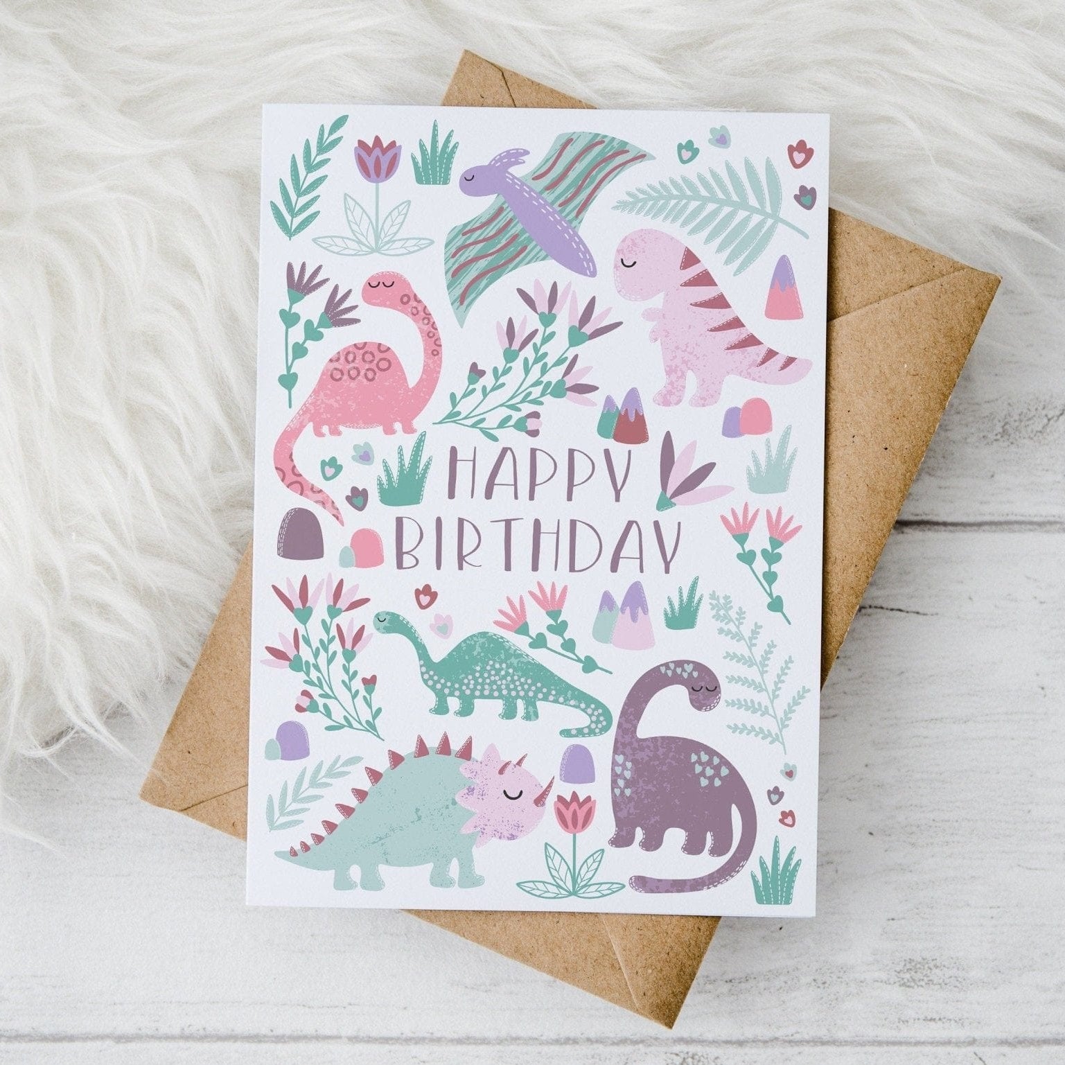 Pink Dinosaur Birthday Card - Dolly and Fred Designs
