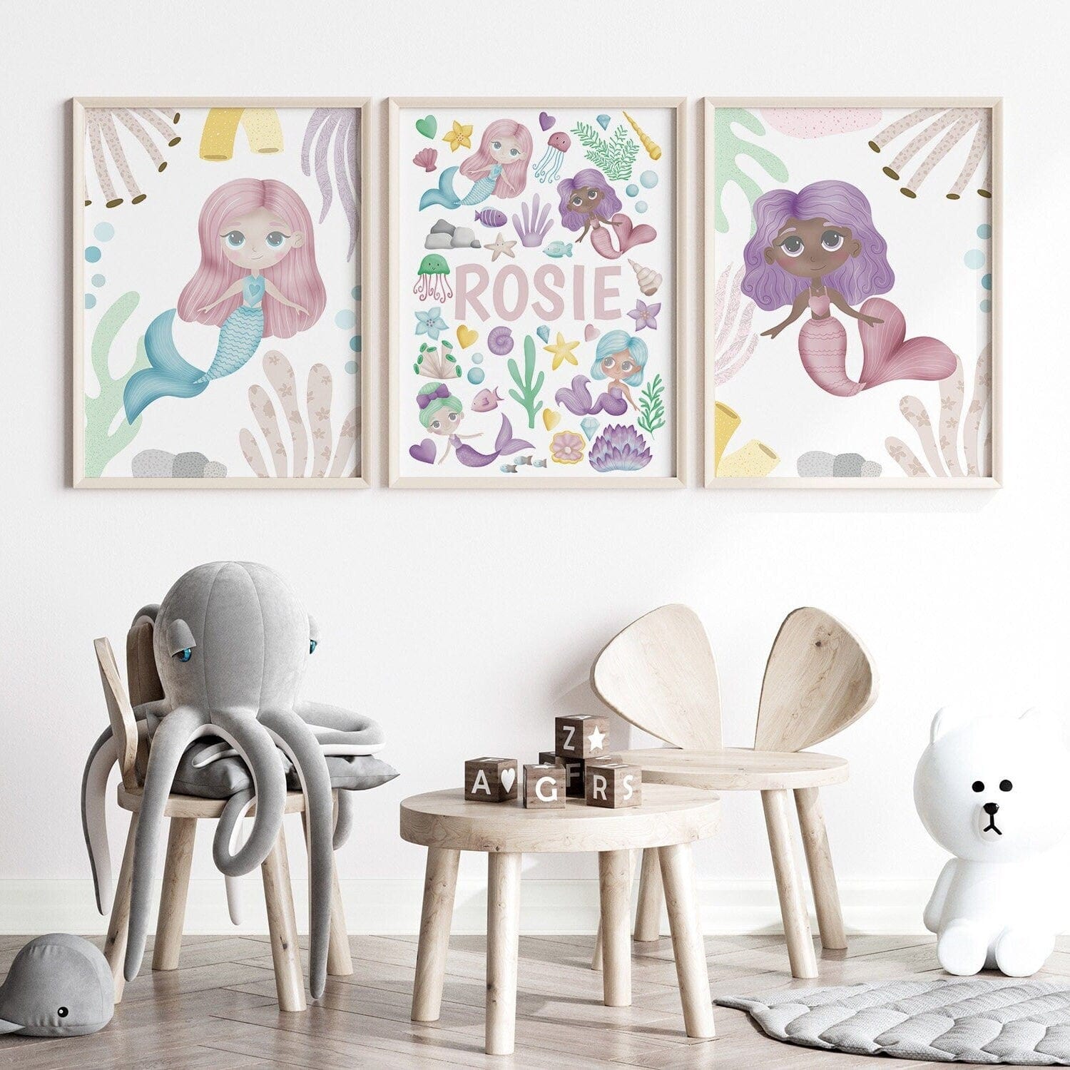 Pink mermaid nursery print set of 3 - Dolly and Fred Designs