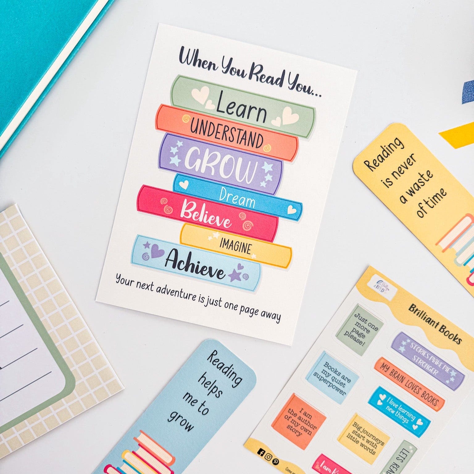 Close-up of reading gift set for kids featuring colourful affirmation print and bookmark.