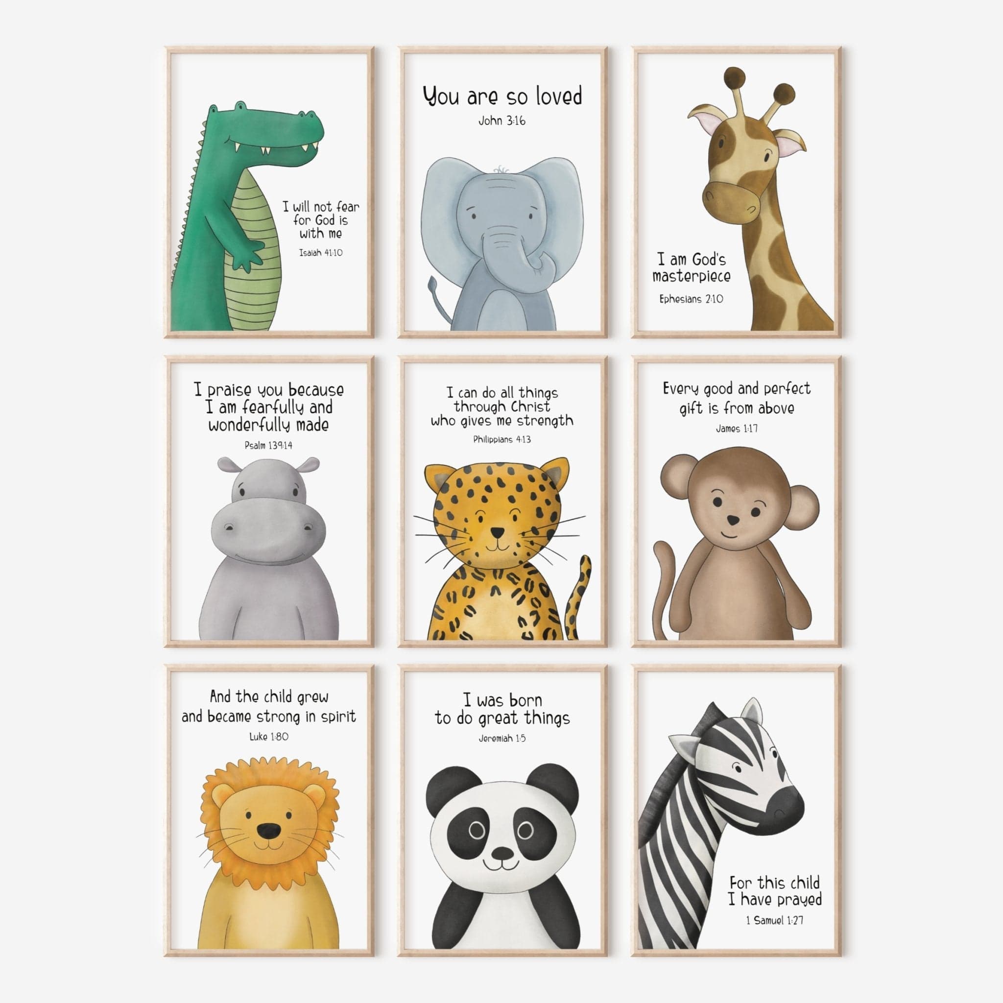 Safari Animal Bible Verse Nursery Prints Set of 9 - Dolly and Fred Designs