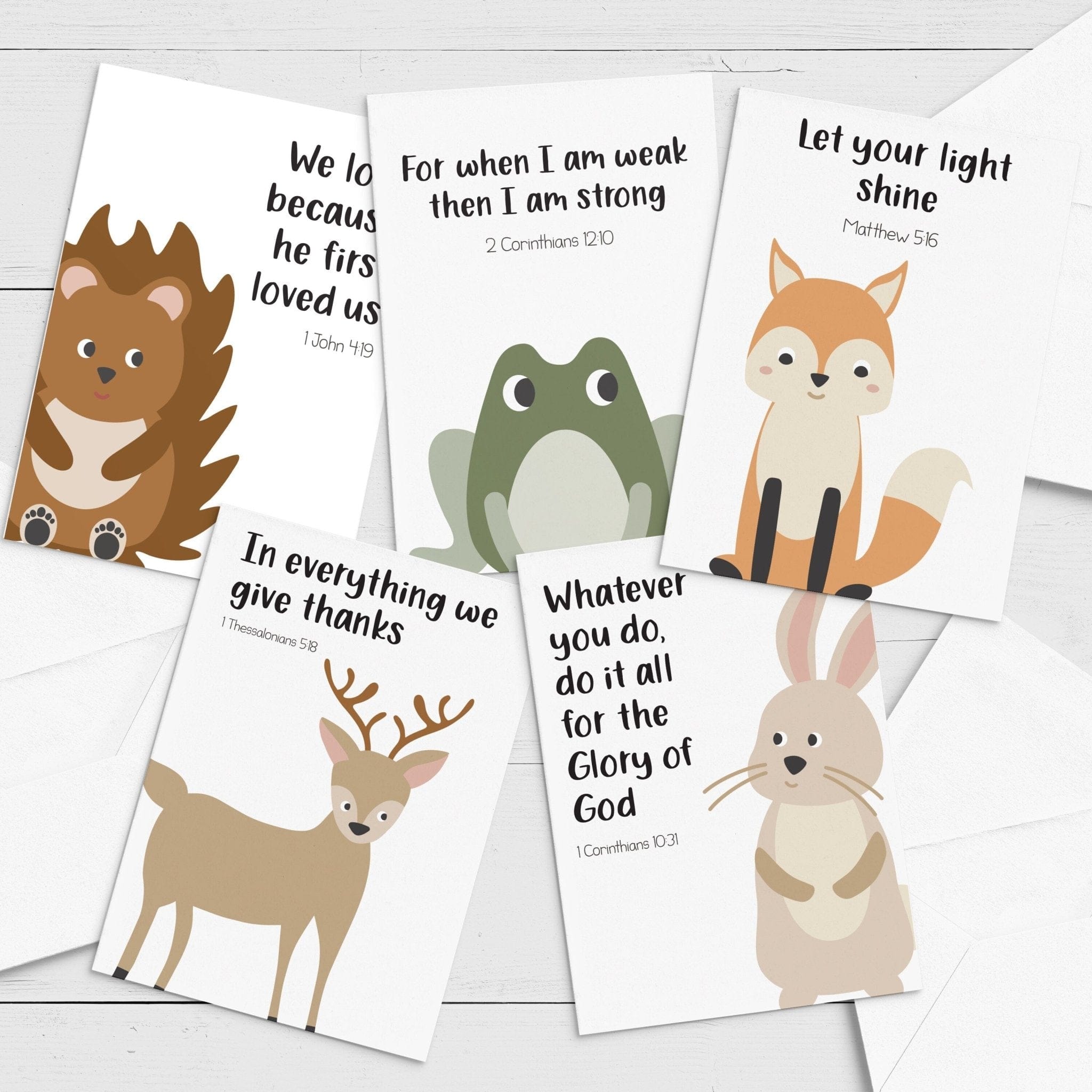 Set of 9 Minimalist Bible Verse Woodland Postcards for Children Dolly and Fred Designs