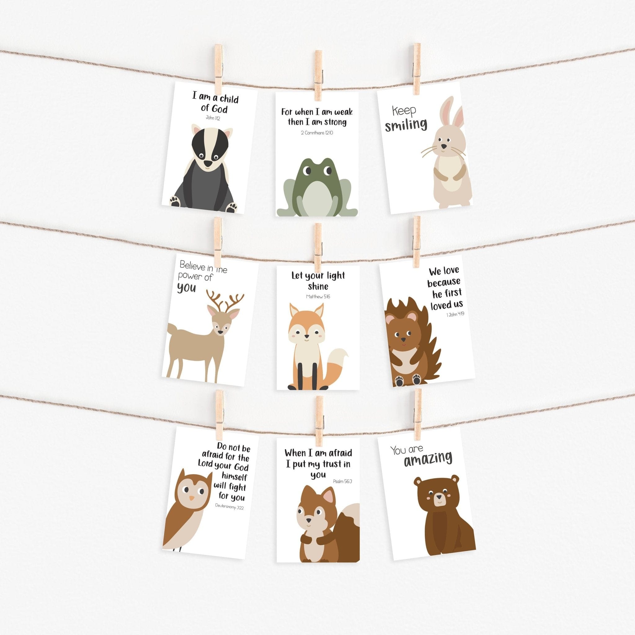 Set of 9 Minimalist Bible Verse Woodland Postcards for Children Dolly and Fred Designs