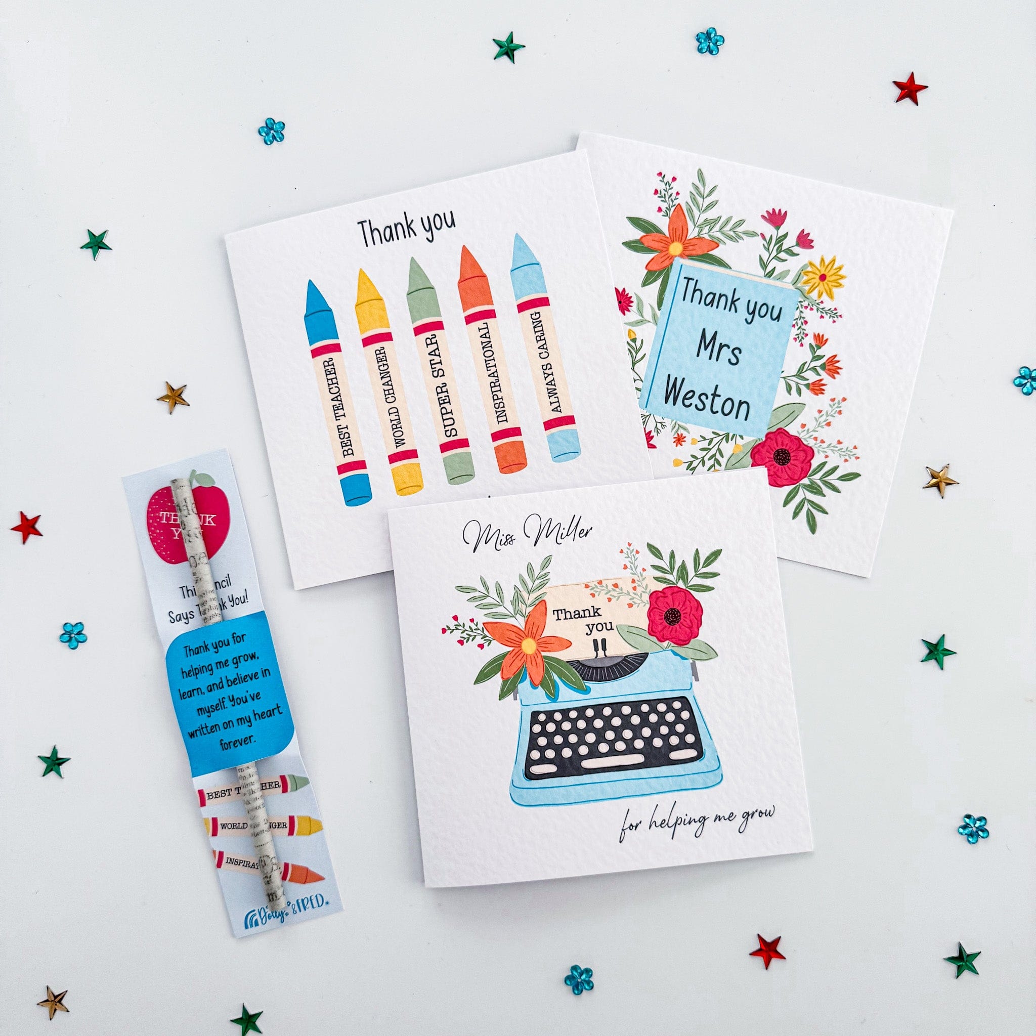 Stack of Dolly and Fred thank you teacher cards in different designs.