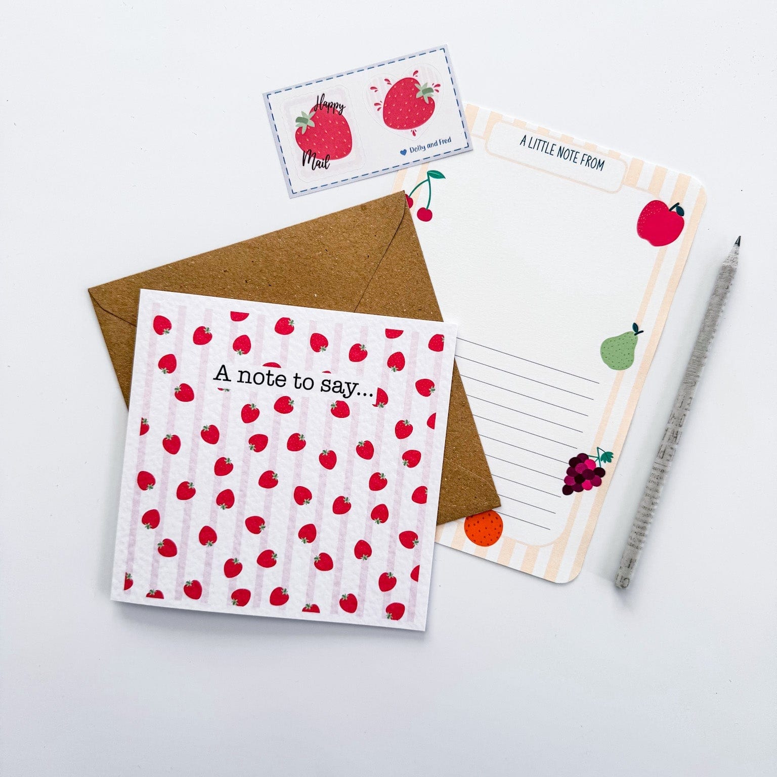 Strawberry stripe greetings card for children with envelope and matching fruit stickers