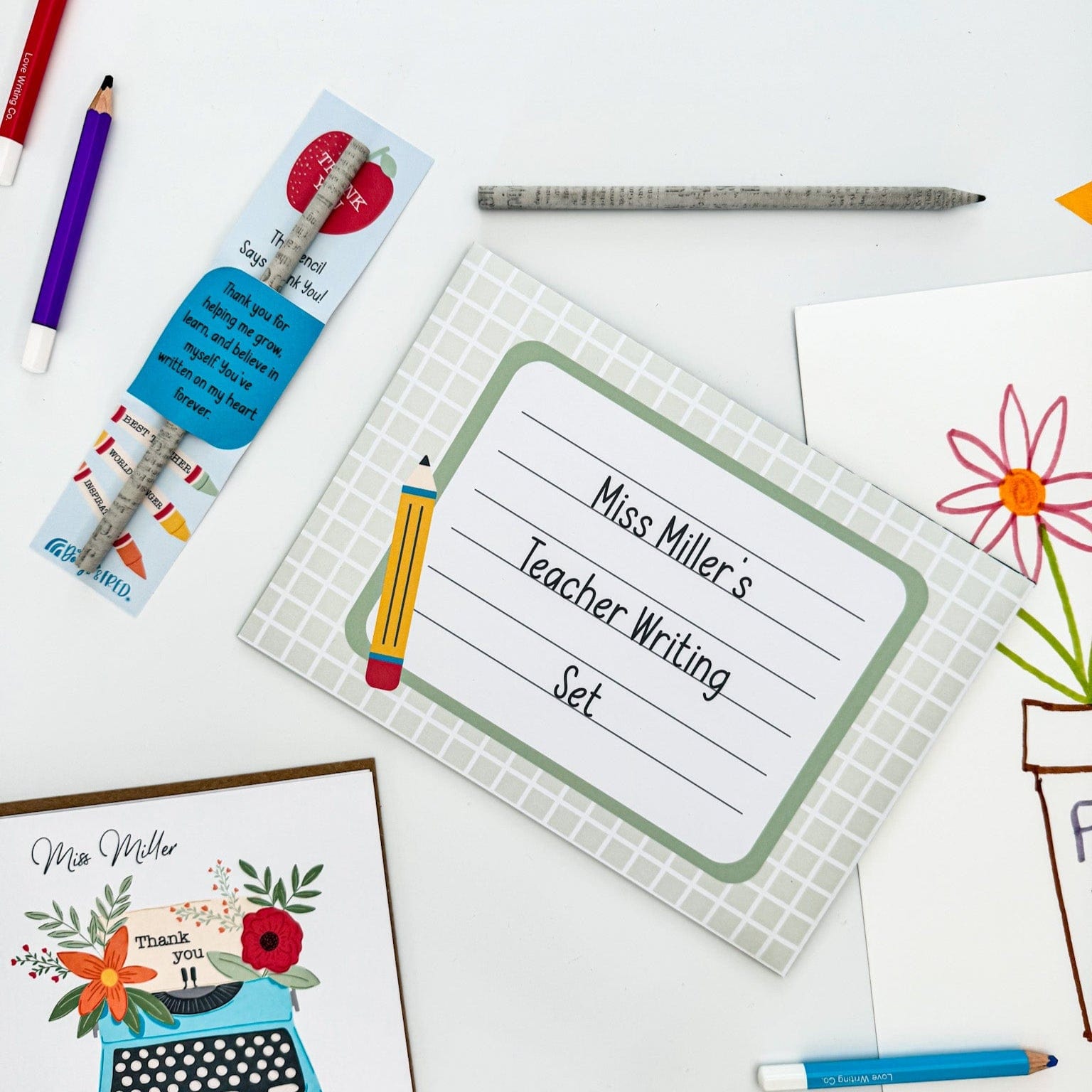 Close-up of personalised envelope addressed to a teacher in the writing gift set.