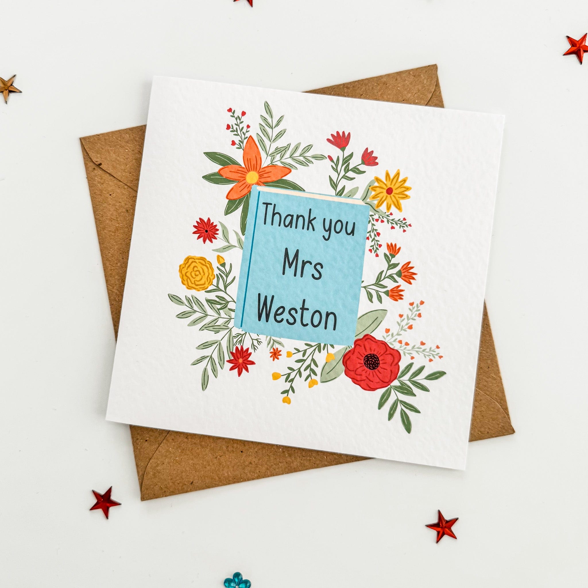 Floral thank you teacher card with brown envelope and personalised name on front.