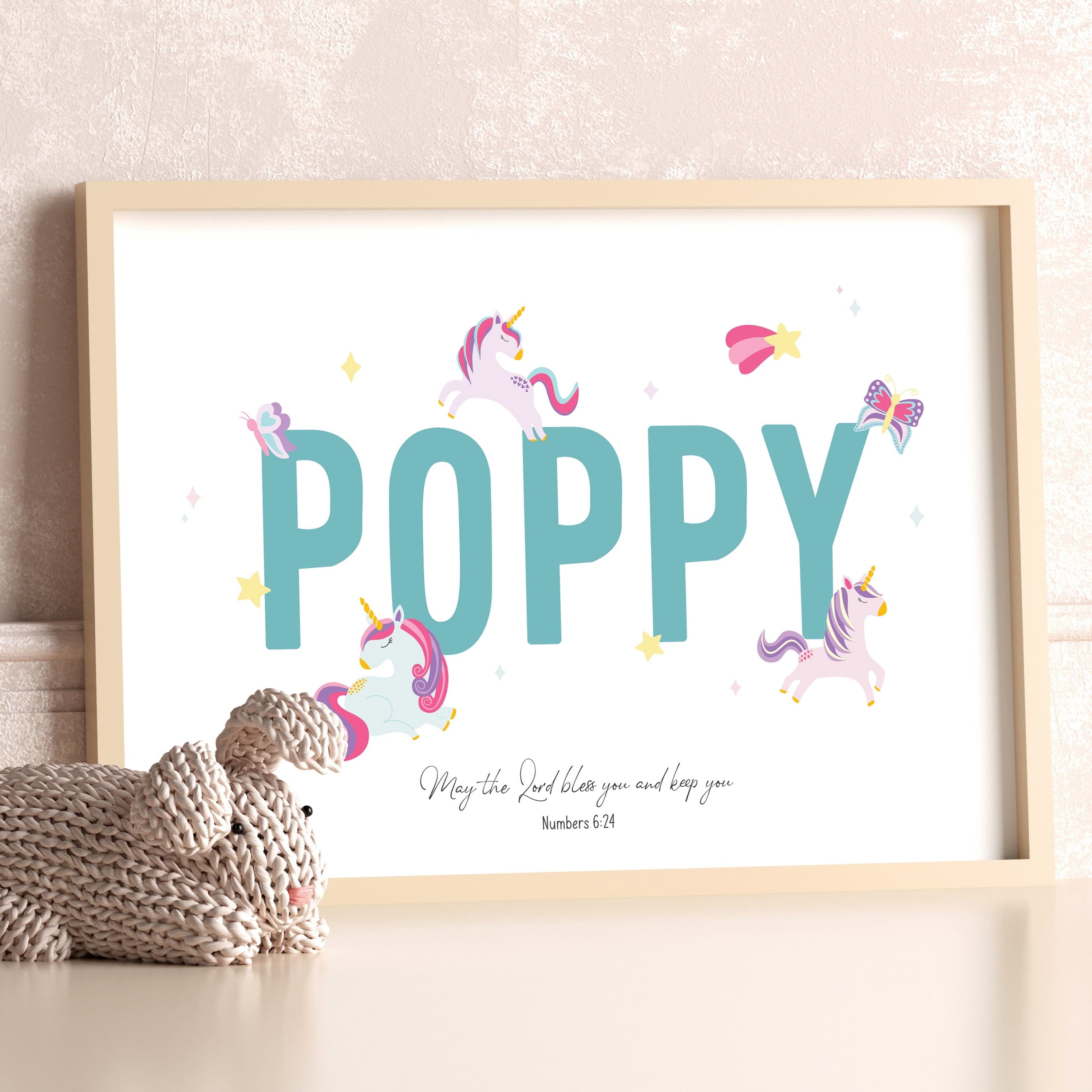 Colourful unicorn name print with Numbers 6:24 Bible verse – personalised Christian wall art for children’s bedrooms