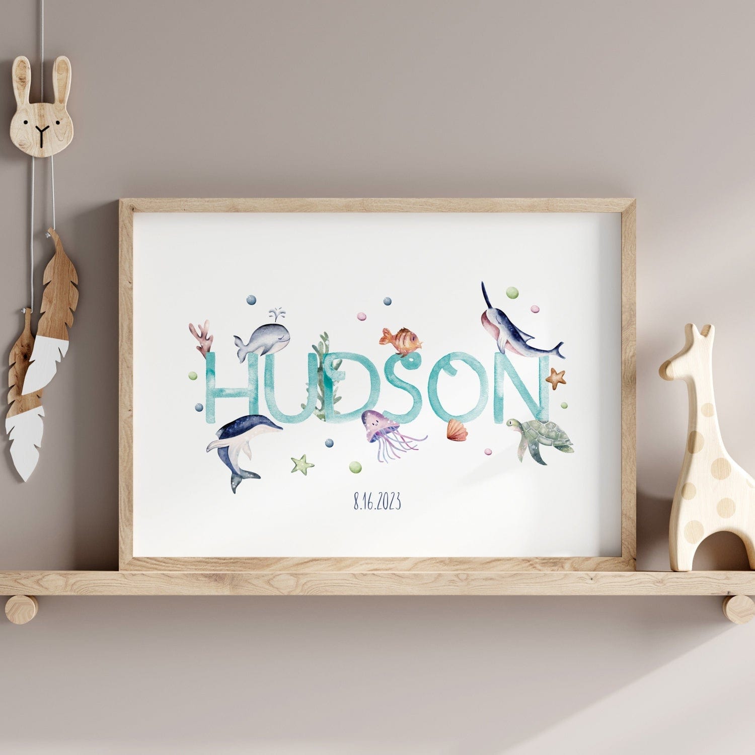 Watercolour Ocean Name print - Dolly and Fred Designs