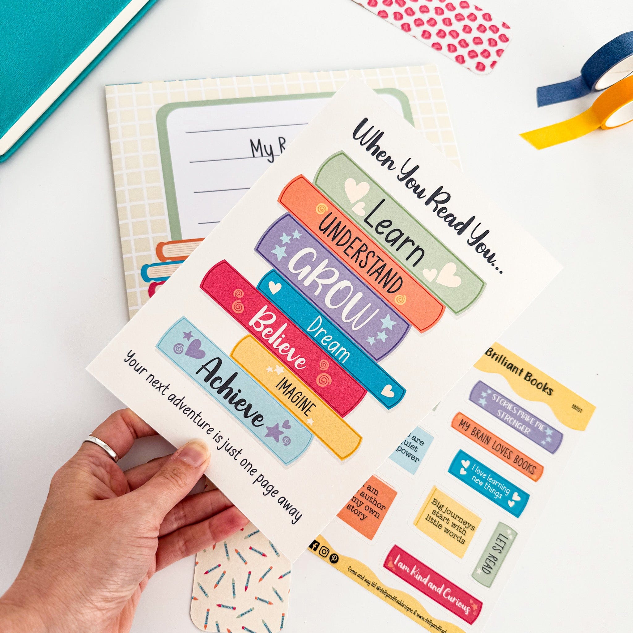 ‘When You Read You…’ affirmation print and bookmark laid out together as part of a gift set.