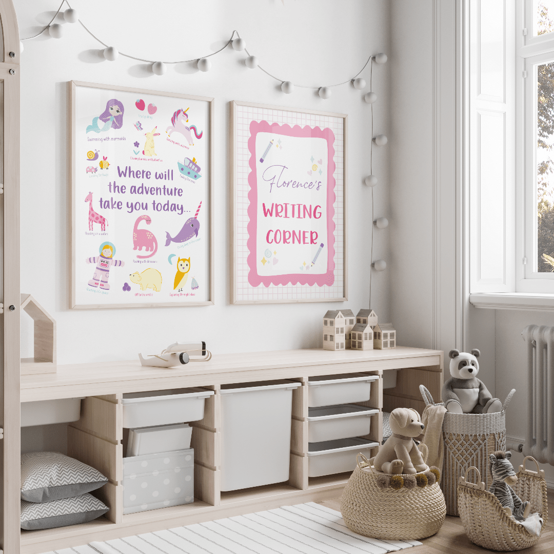 Children’s writing corner wall featuring adventure and personalised name prints – styled for a creative learning space.