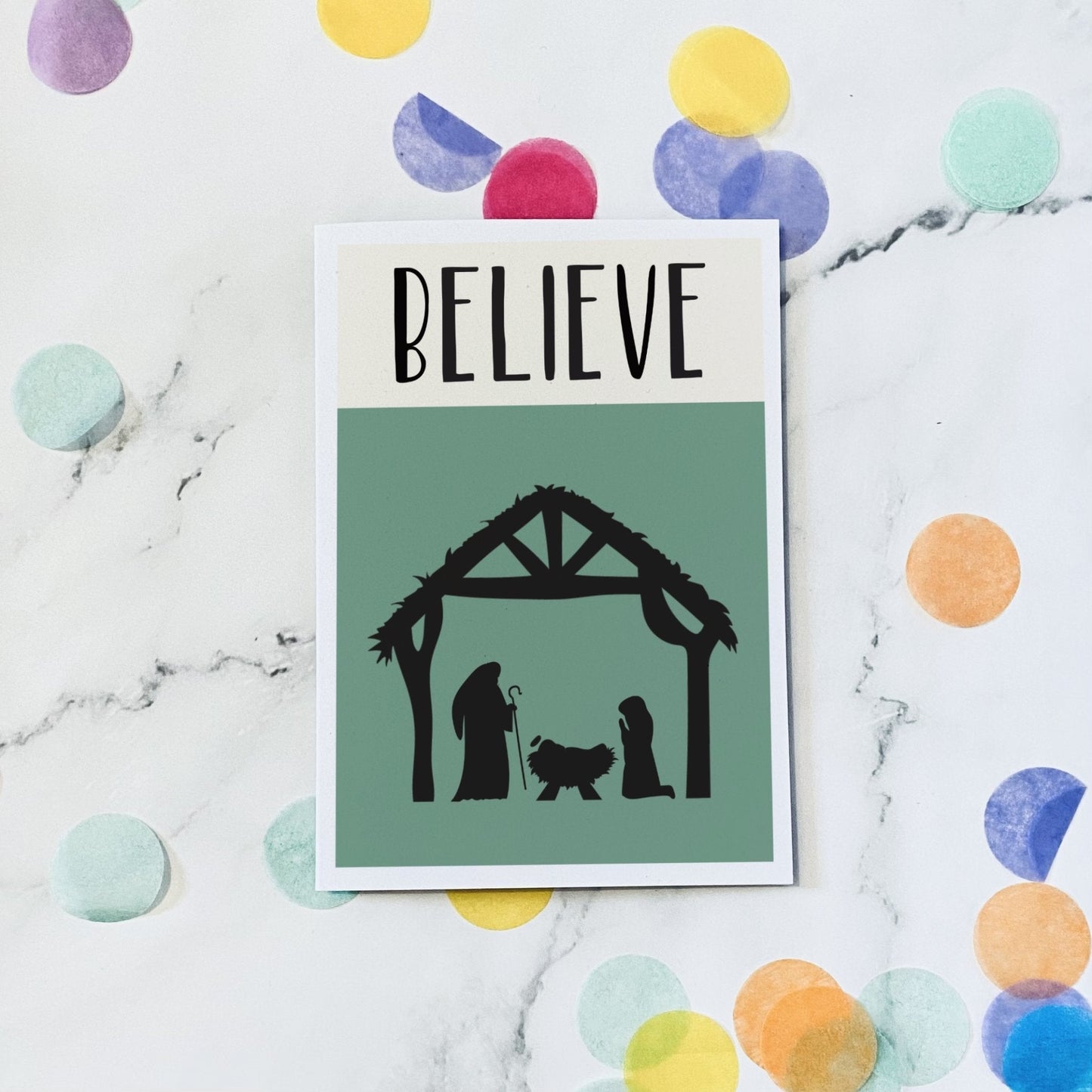 Believe Nativity scene christmas card - Dolly and Fred Designs