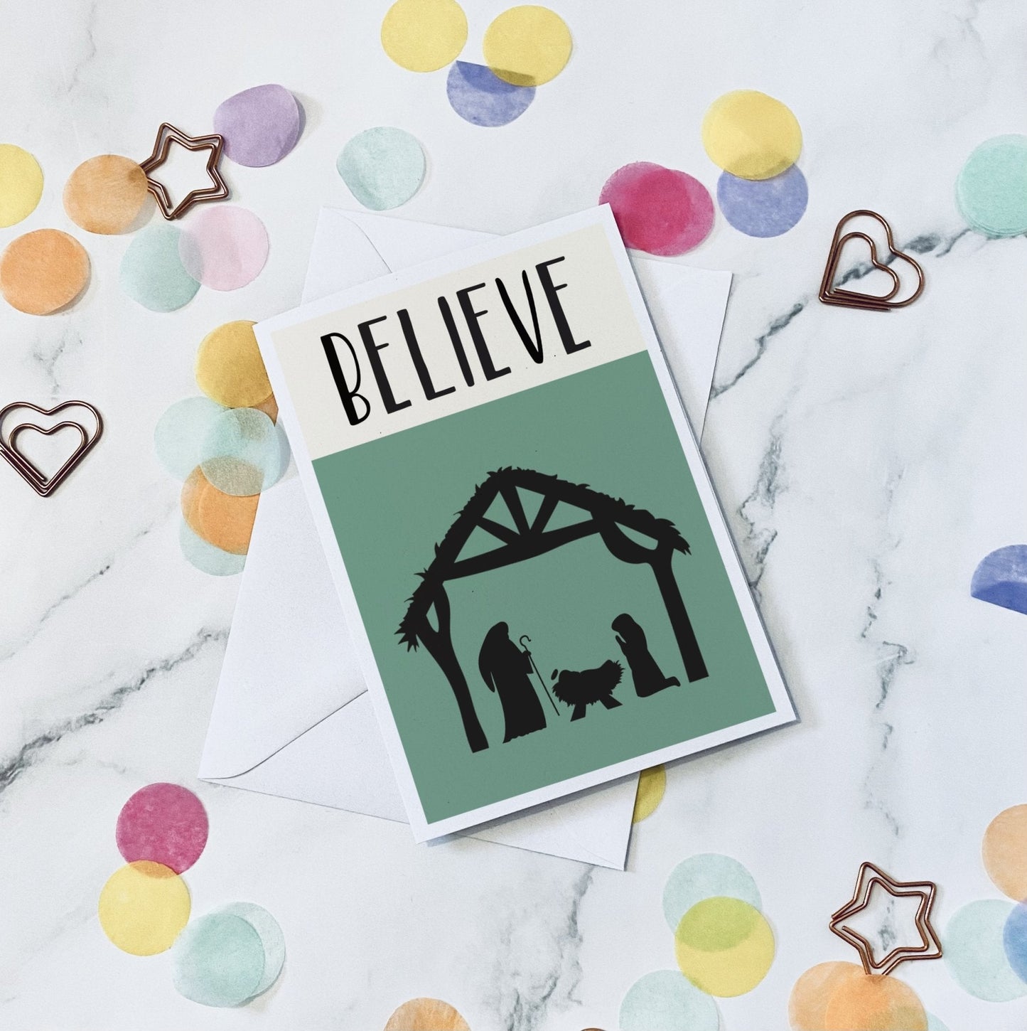 Believe Nativity scene christmas card - Dolly and Fred Designs