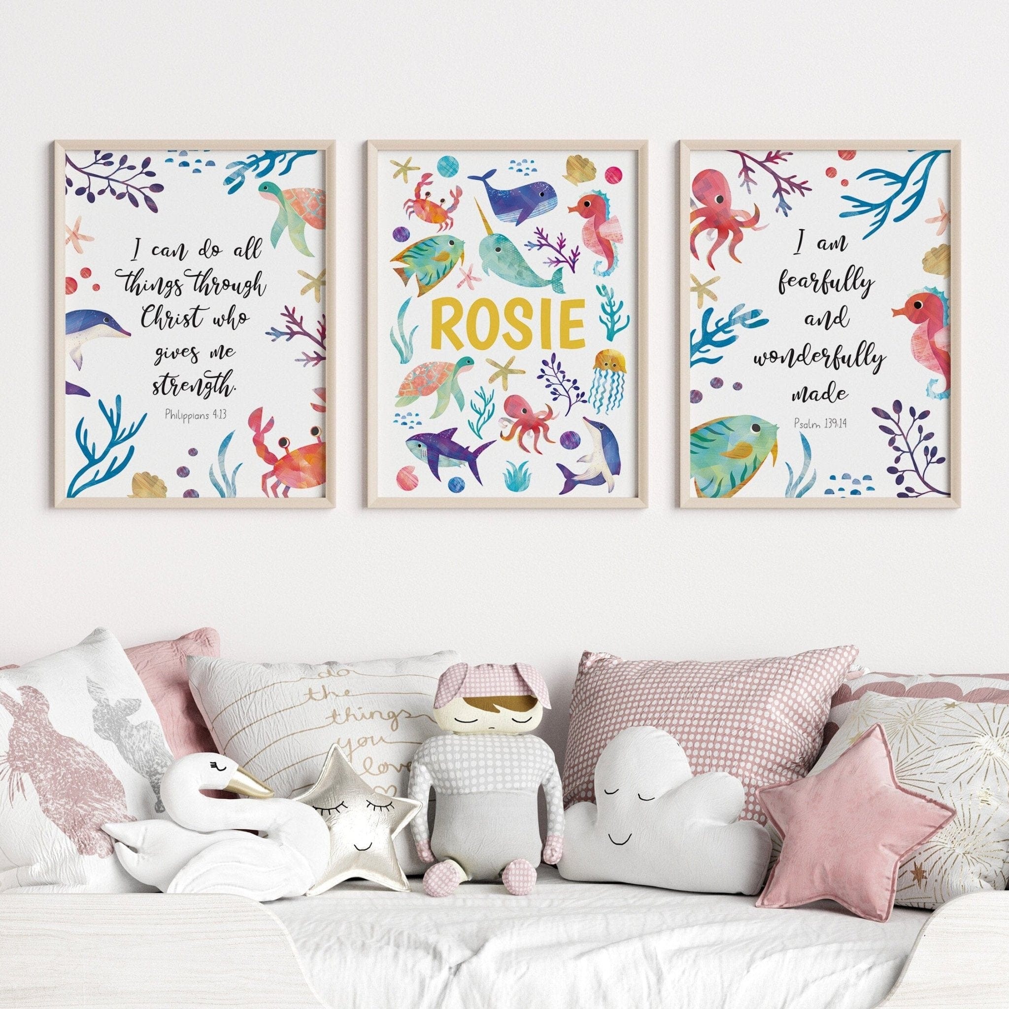 Bright Ocean Animals Bible Verse Nursery Print set - Dolly and Fred Designs