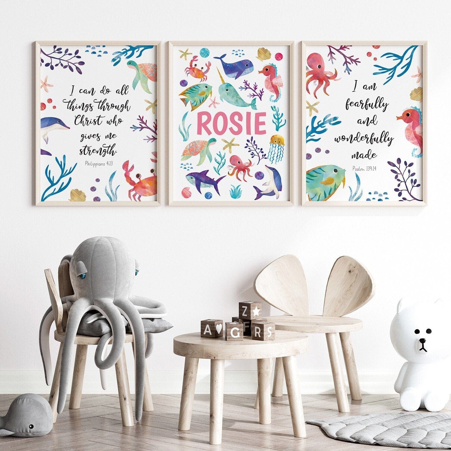 Bright Ocean Animals Bible Verse Nursery Print set - Dolly and Fred Designs