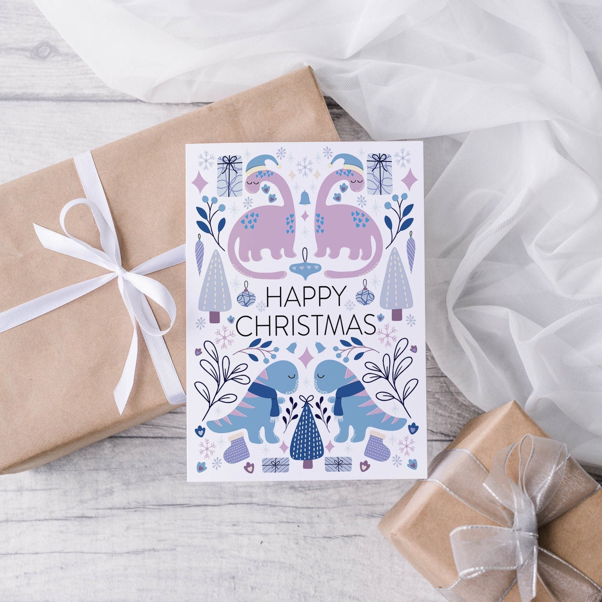 Cute Dinosaur Christmas Card A5 - Dolly and Fred Designs