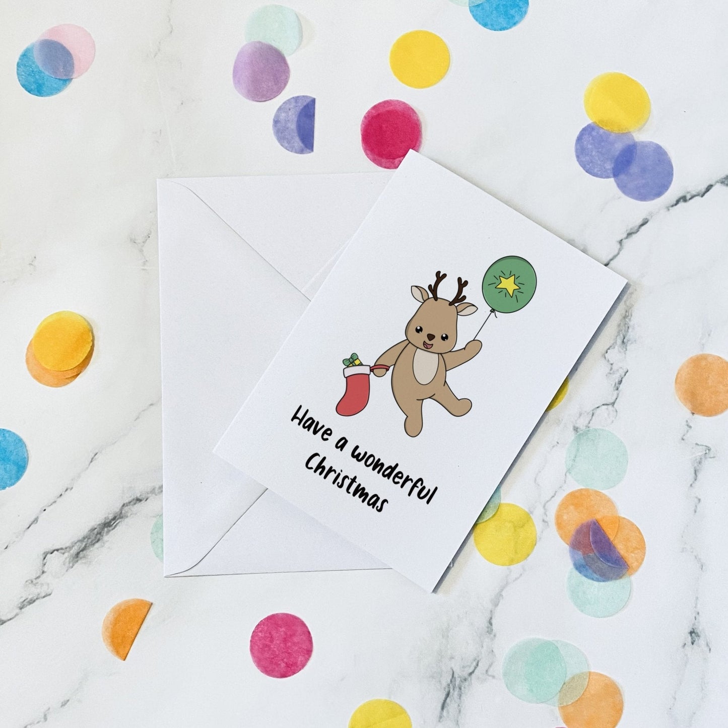 Floating reindeer christmas card - Dolly and Fred Designs