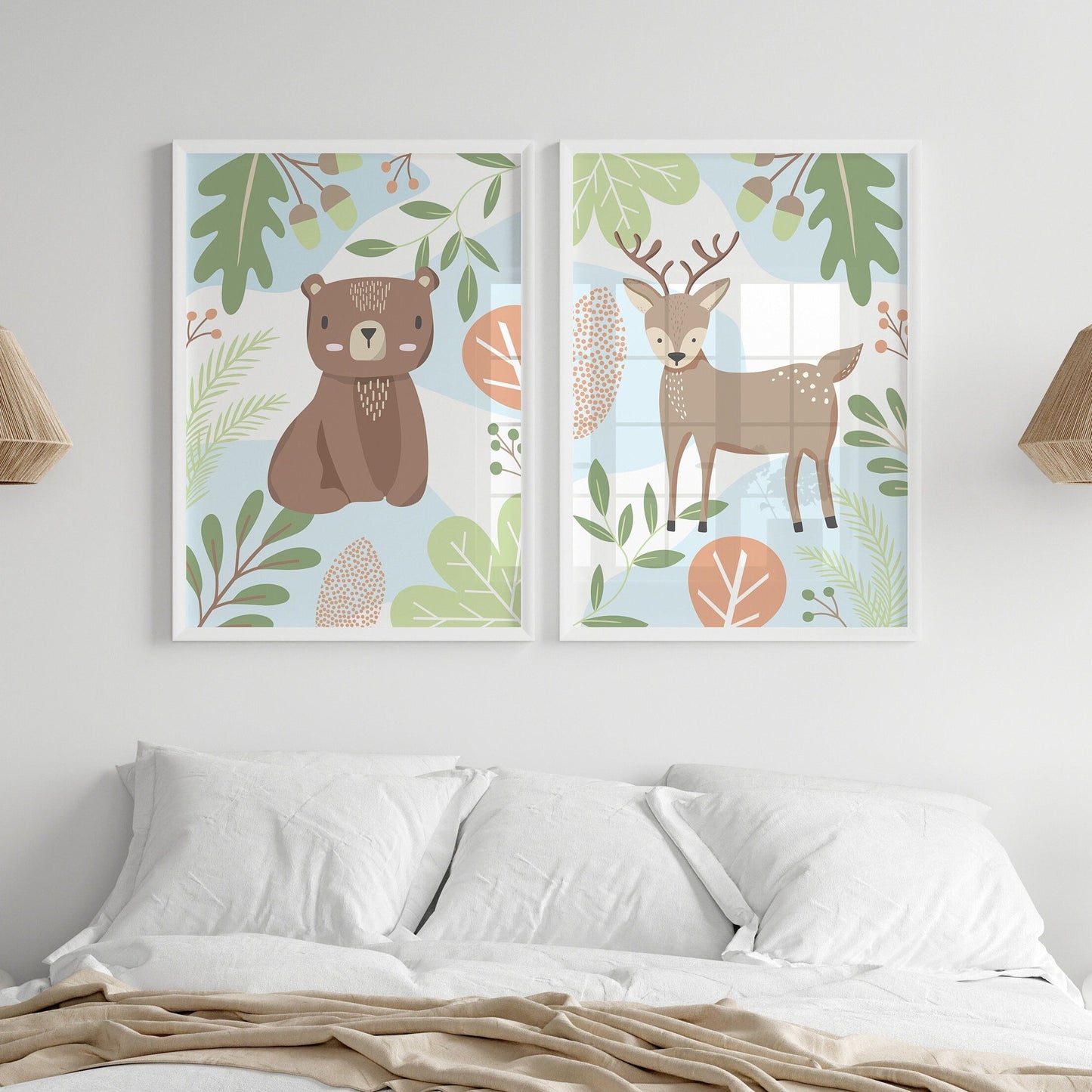 Woodland animal nursery print set for baby boy, personalised name art for toddler bedroom with bear and deer