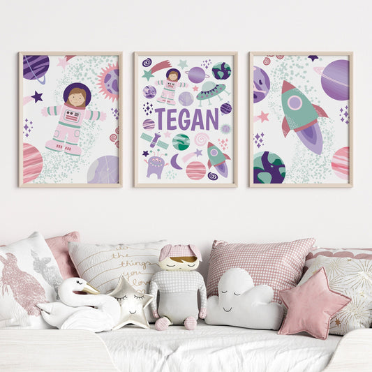 Personalised pink outer space nursery prints, girls purple astronaut bedroom decor, pastel planets wall art