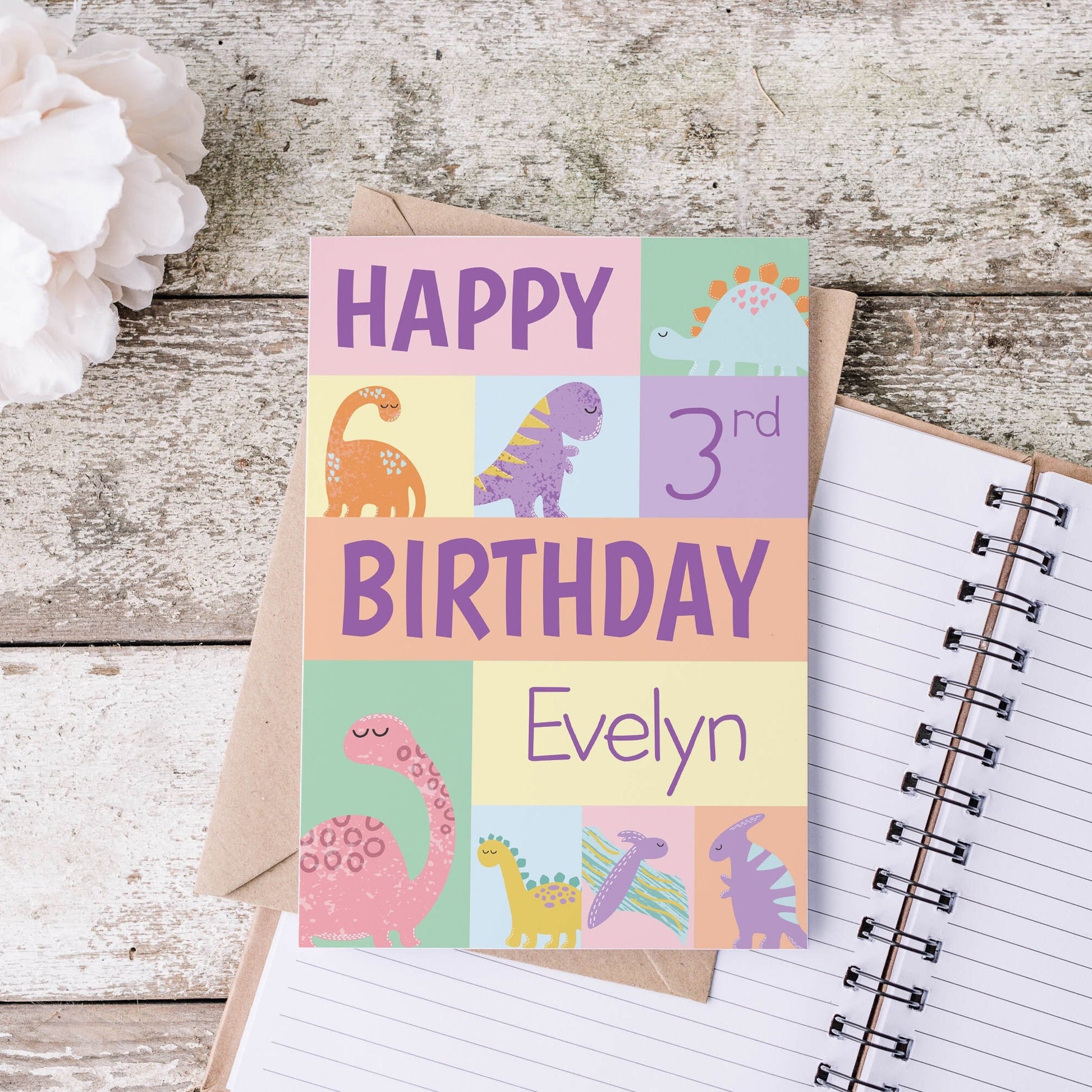 Personalised Dinosaur Birthday Card, Pink Greetings card for little girl, 1st birthday card, Daughter birthday card