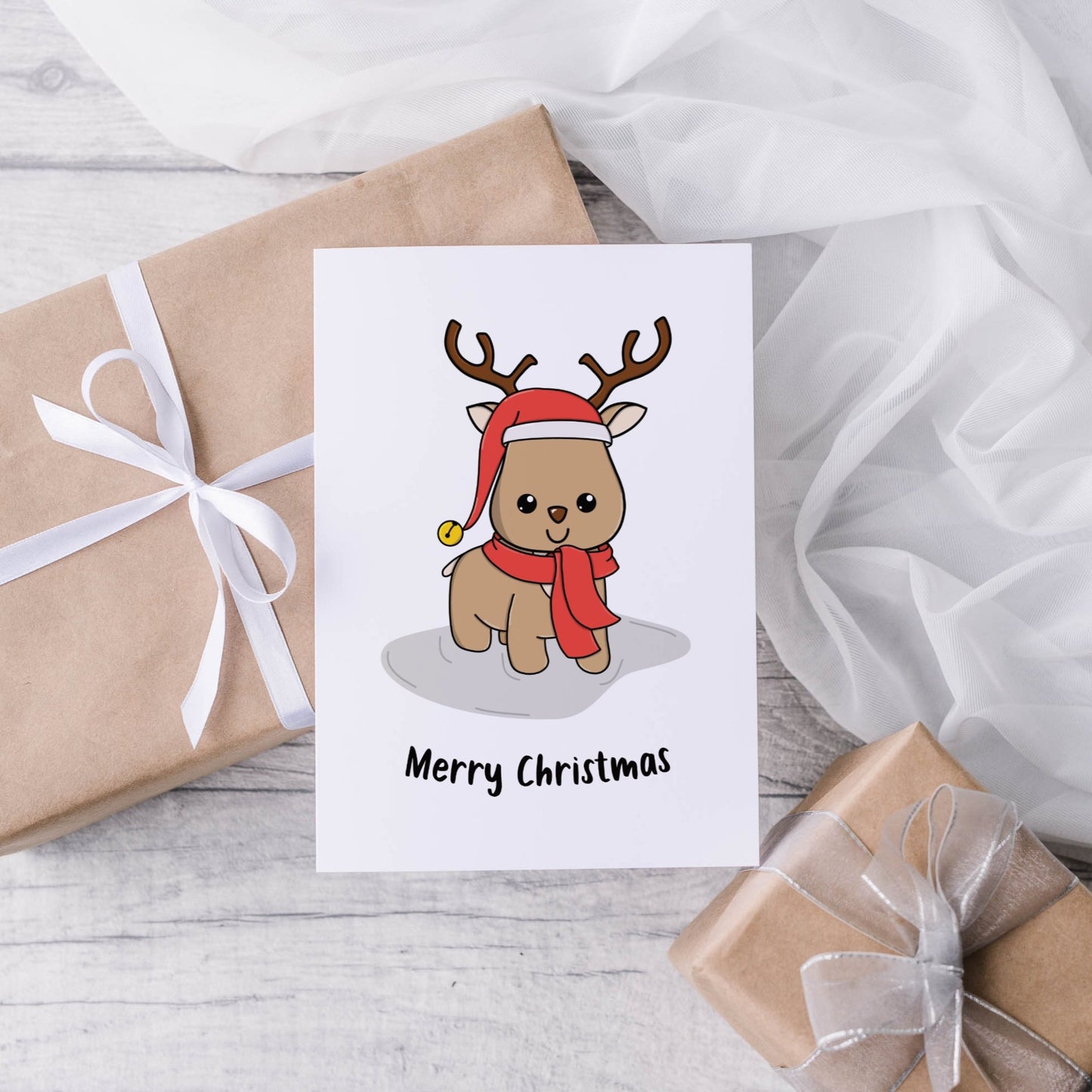 Reindeer in a hat christmas card - Dolly and Fred Designs