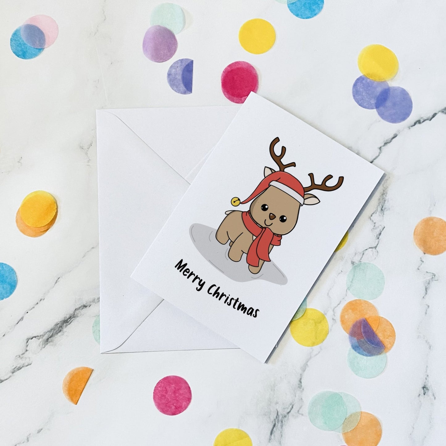 Reindeer in a hat christmas card - Dolly and Fred Designs