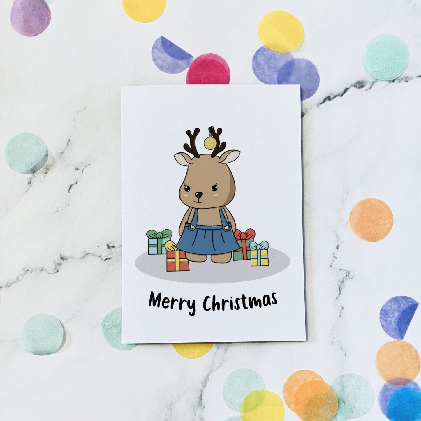 Reindeer with presents christmas card - Dolly and Fred Designs
