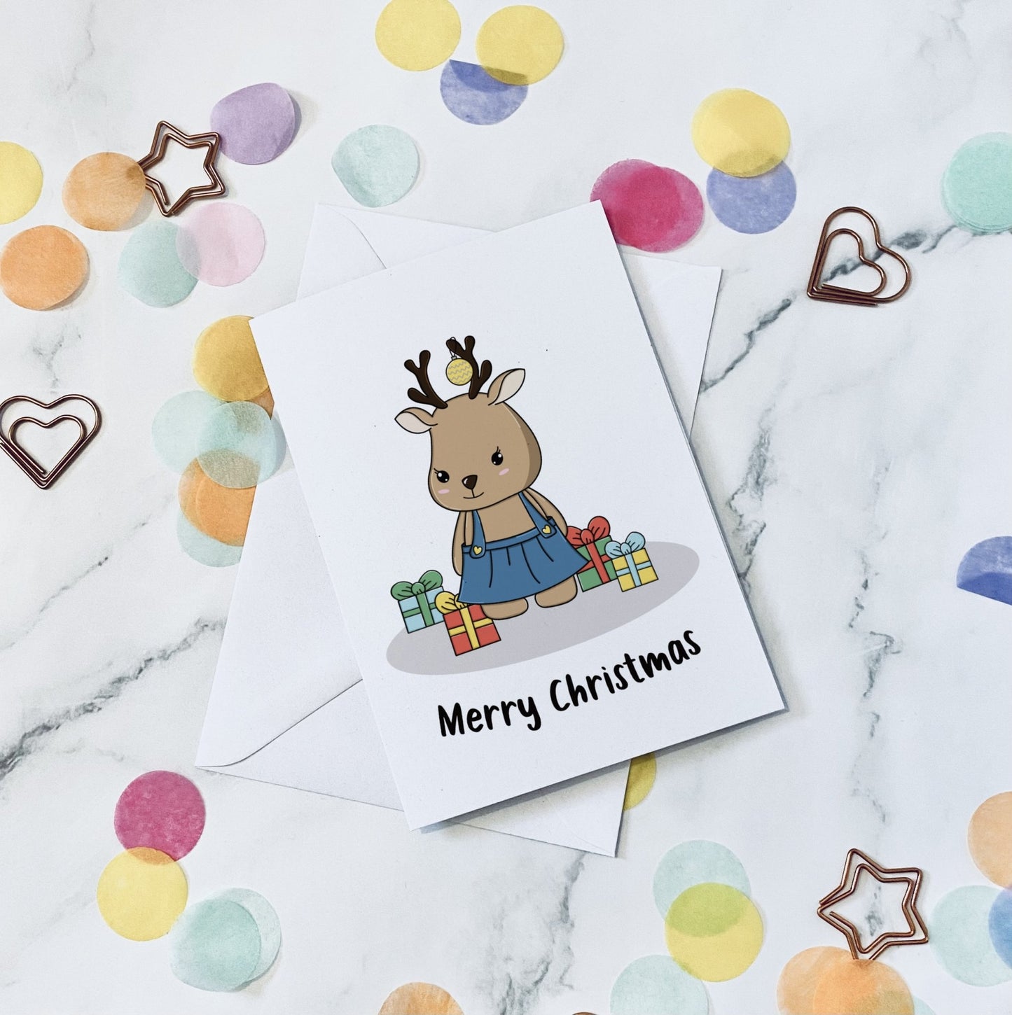 Reindeer with presents christmas card - Dolly and Fred Designs