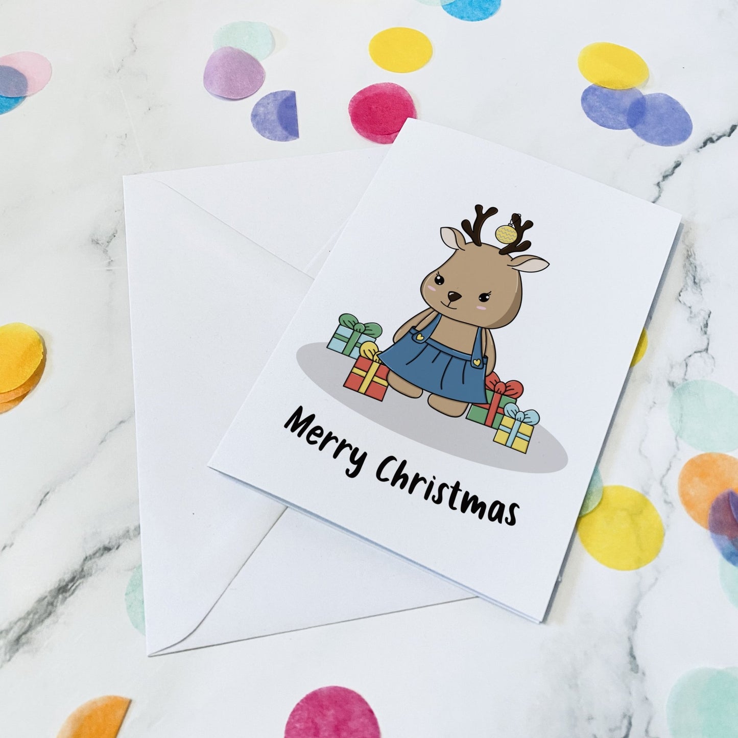 Reindeer with presents christmas card - Dolly and Fred Designs