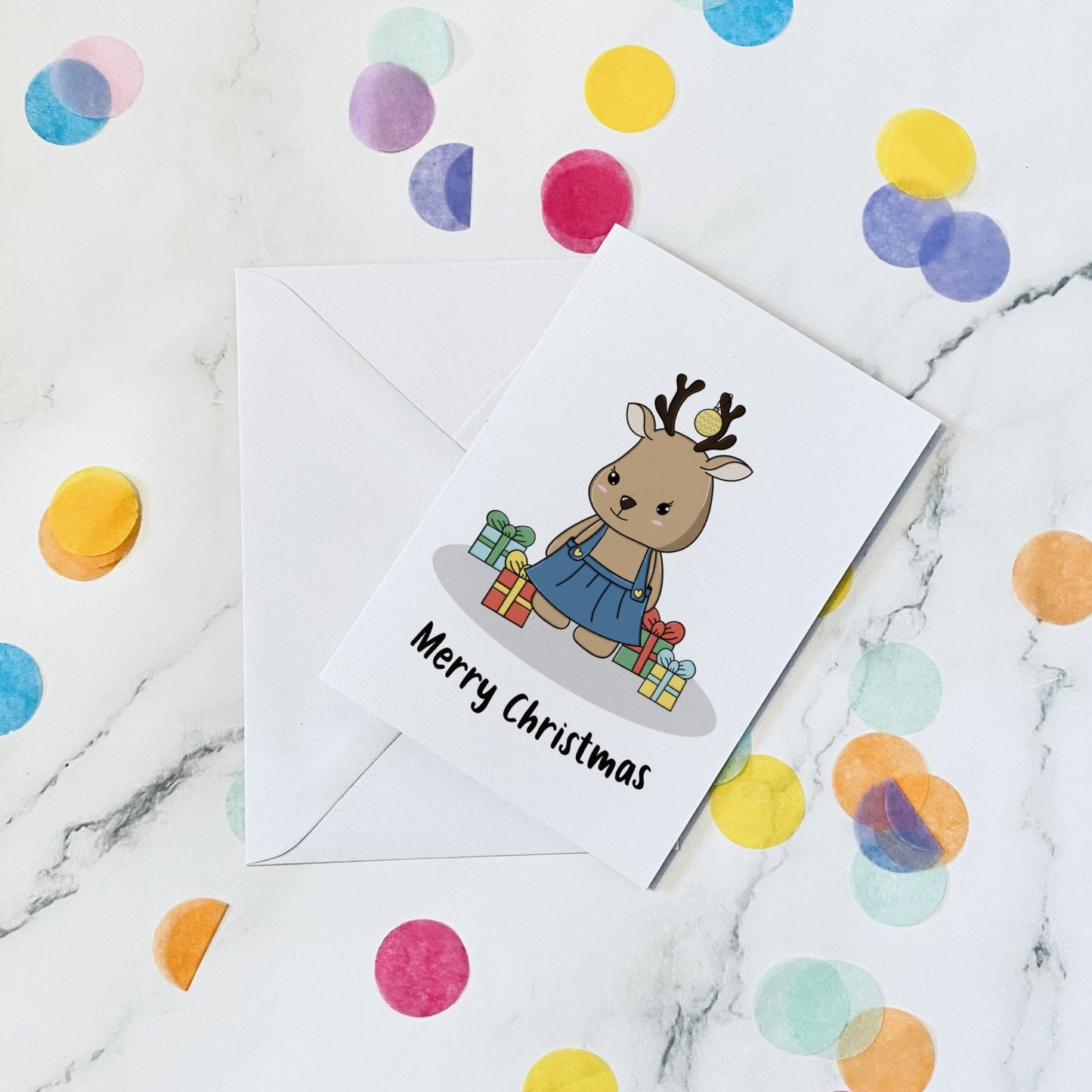 Reindeer with presents christmas card - Dolly and Fred Designs