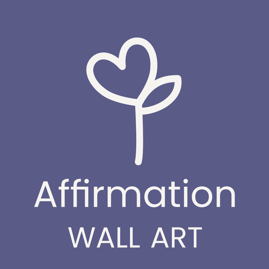 Heart-shaped flower icon on a purple background with the words ‘Affirmation Wall Art’ – positive prints to boost children’s confidence.