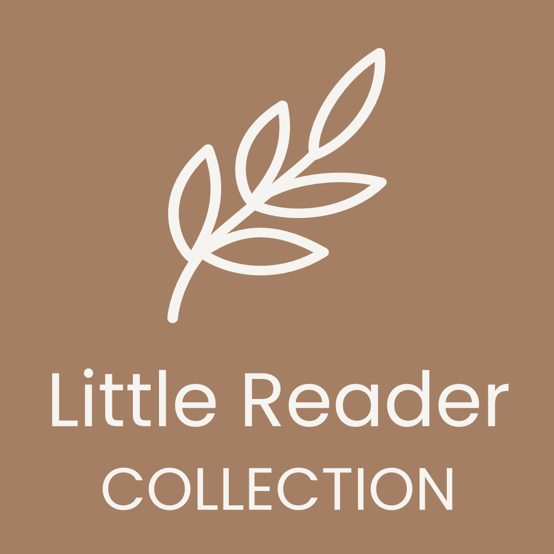 Botanical olive branch icon on a warm brown background with the text ‘Little Reader Collection’ – gift sets and stationery to encourage early reading