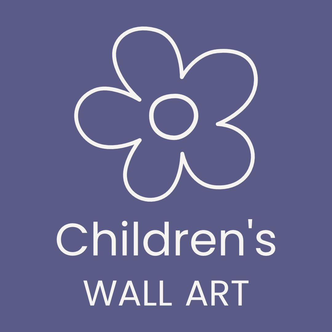 Illustrated icon of a flower on a purple background with the text ‘Children’s Wall Art’ – colourful, imaginative art prints for kids’ rooms.