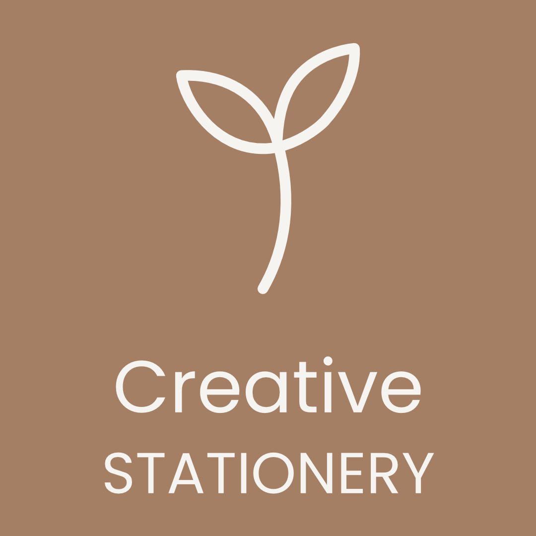 Minimal sprout icon on a warm brown background with the words ‘Creative Stationery’ – playful letter writing sets for children