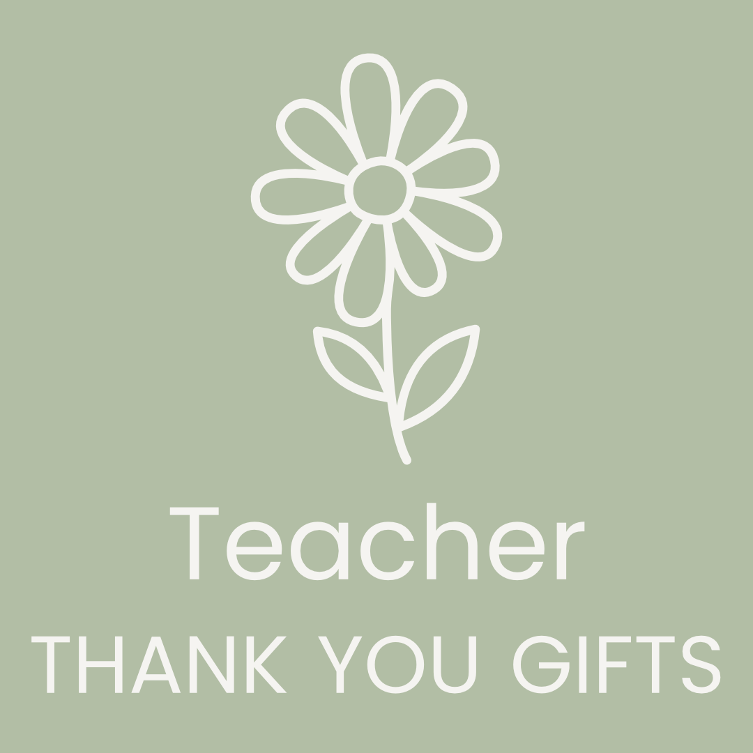 Simple flower icon on a soft green background with the words ‘Teacher Thank You Gifts’ – thoughtful stationery and cards for educators.