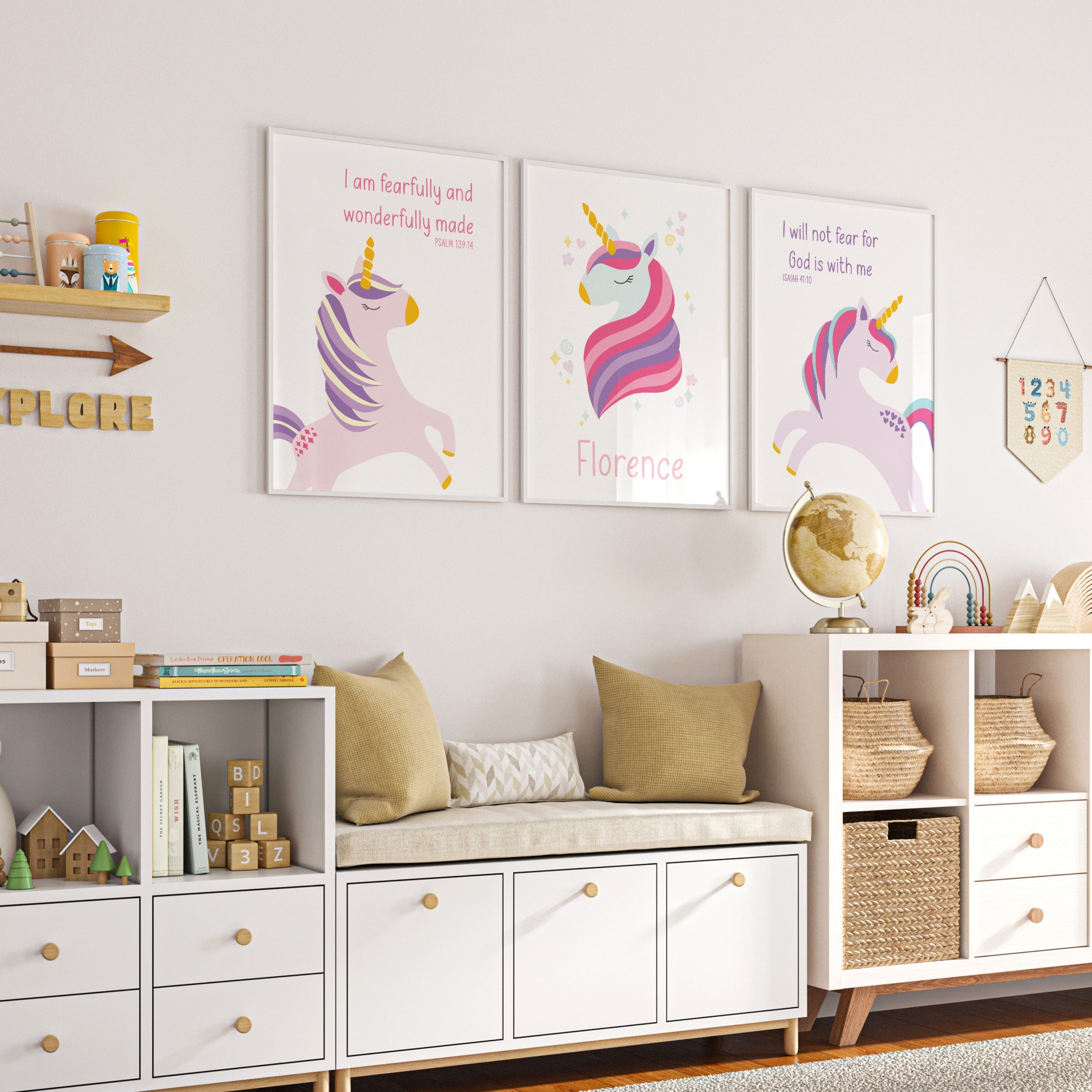 Unicorn and Bible verse prints styled as a gallery wall in a modern nursery – joyful Christian artwork for kids’ spaces