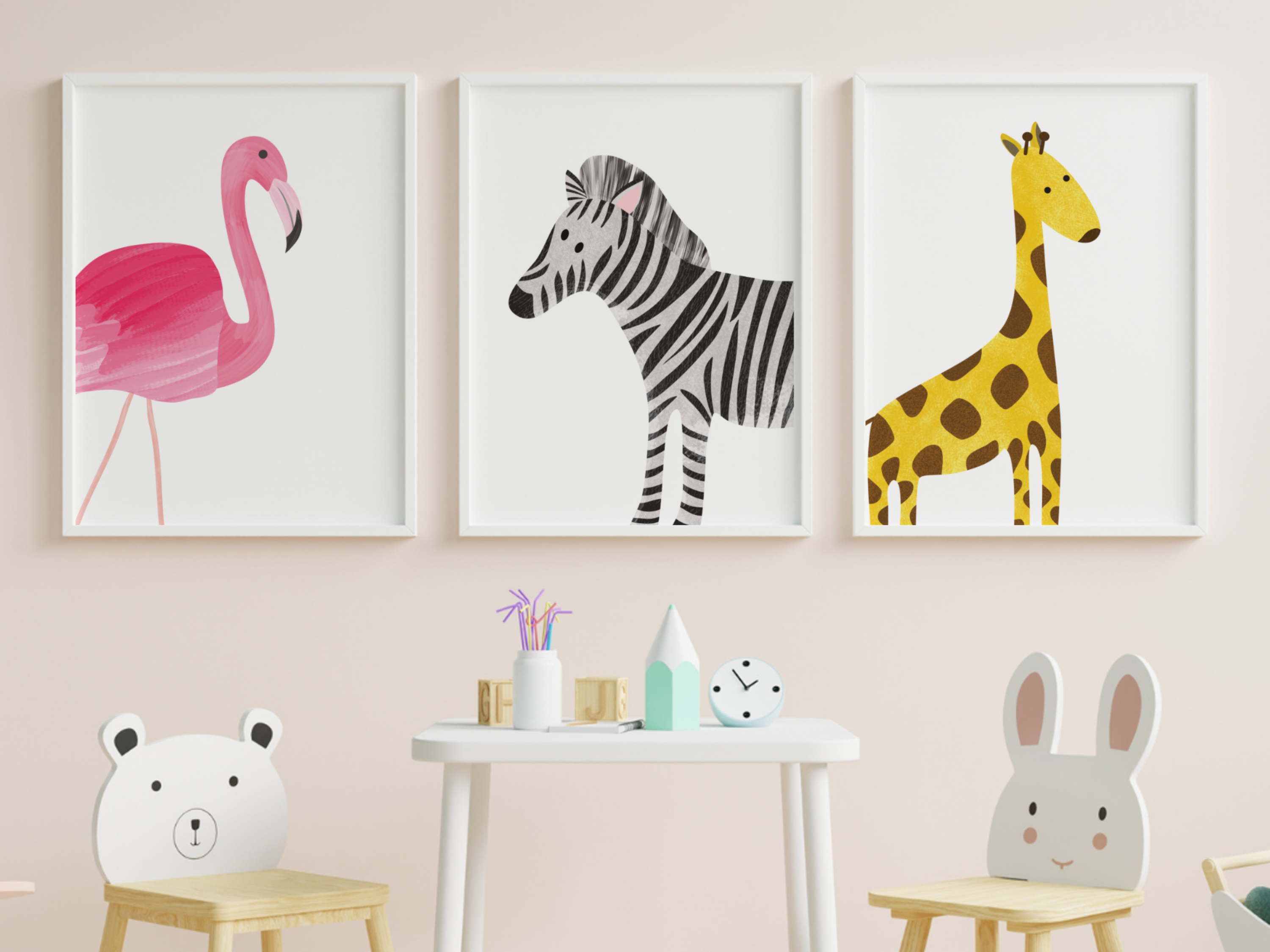 Bright Safari Animal Prints hung on a playroom wall with flamingo, giraffe and zebra