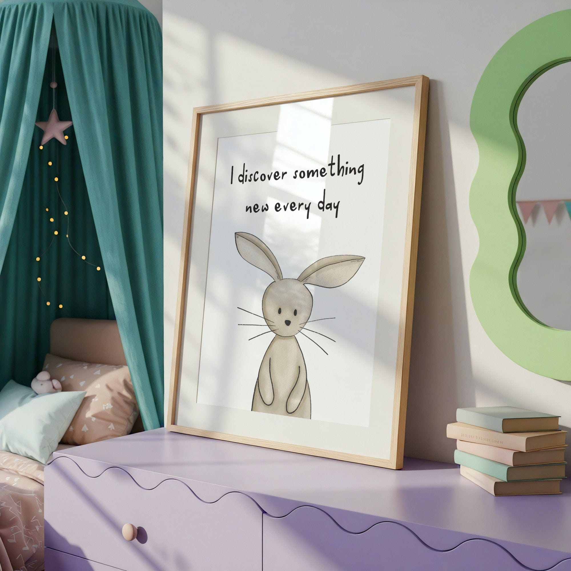 Framed print with a rabbit illustration and text on a purple dresser in a child's room.