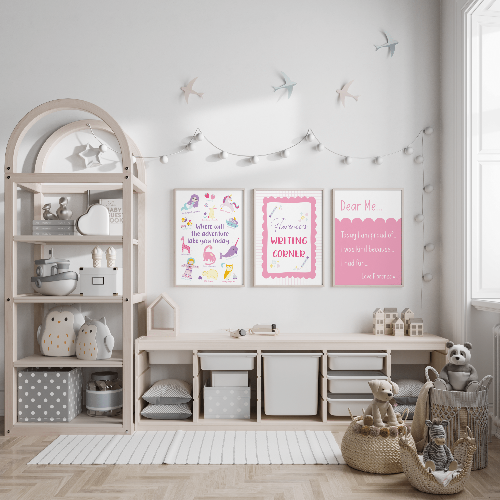 Adventure, writing corner, and Dear Me affirmation prints styled in a modern Montessori-inspired playroom.