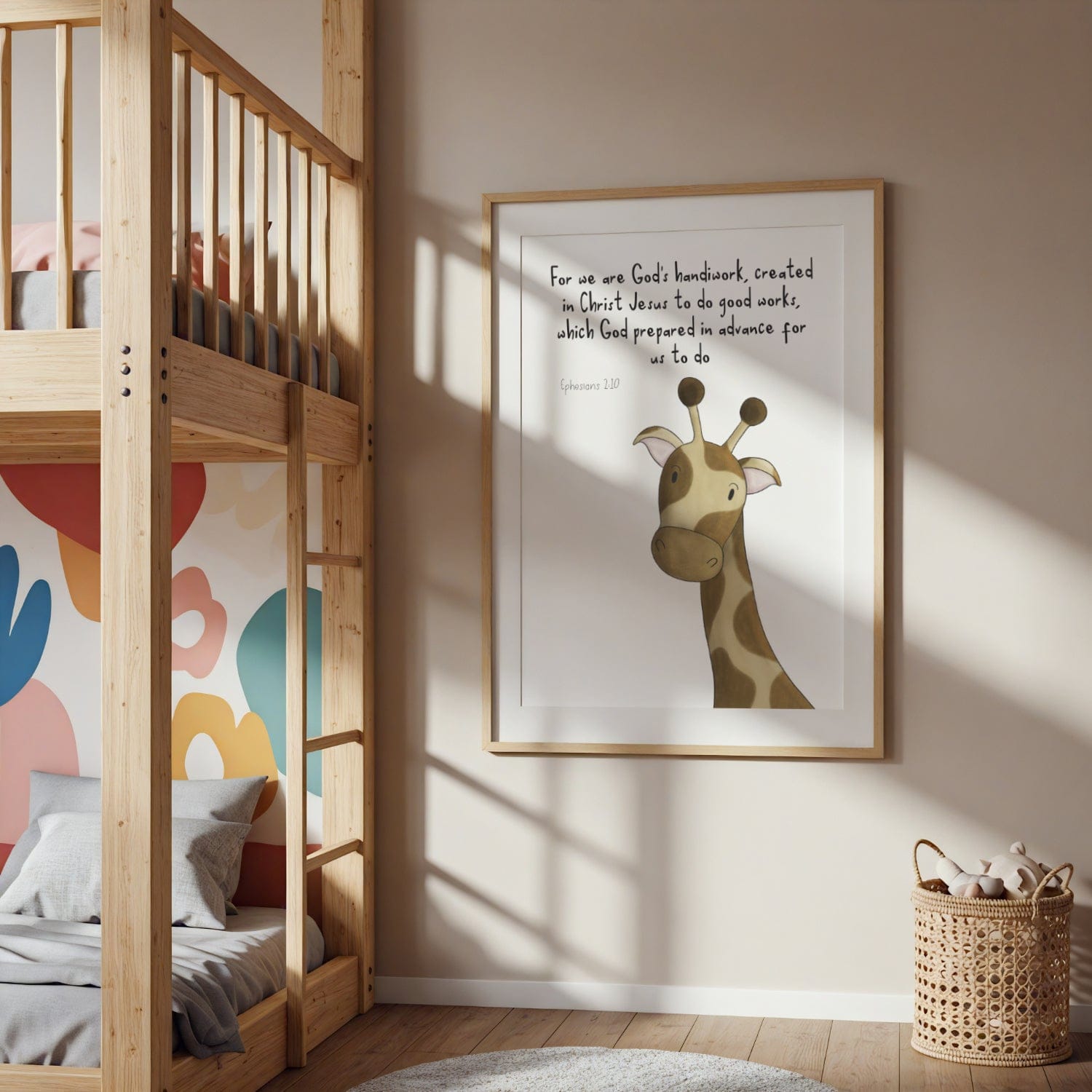 Pictue of a giraffe print with a bible verse above it reminding us that we are God's handiwork